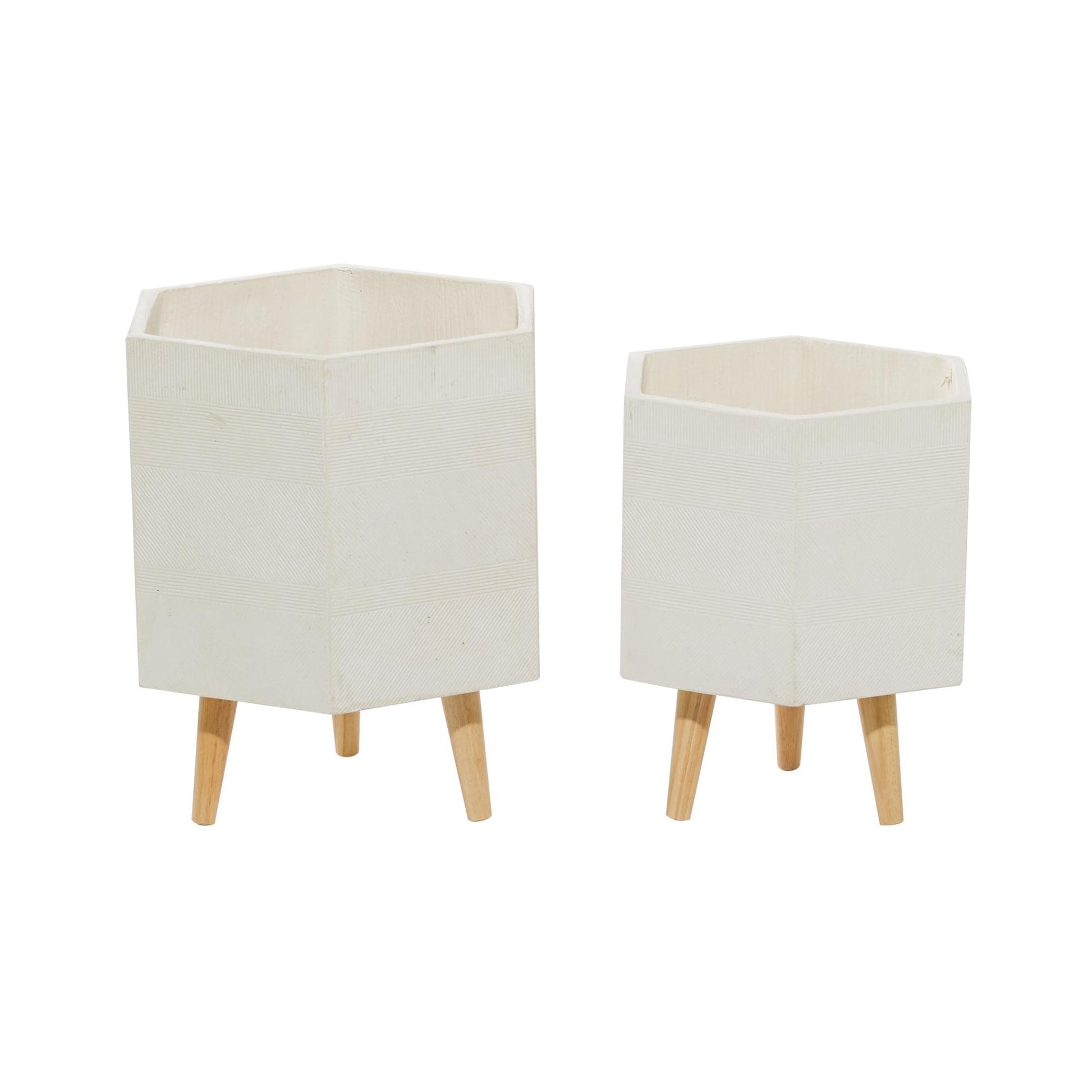 Set of 2 White Magnesium Oxide Indoor Outdoor Planter with Wood Tripod Legs