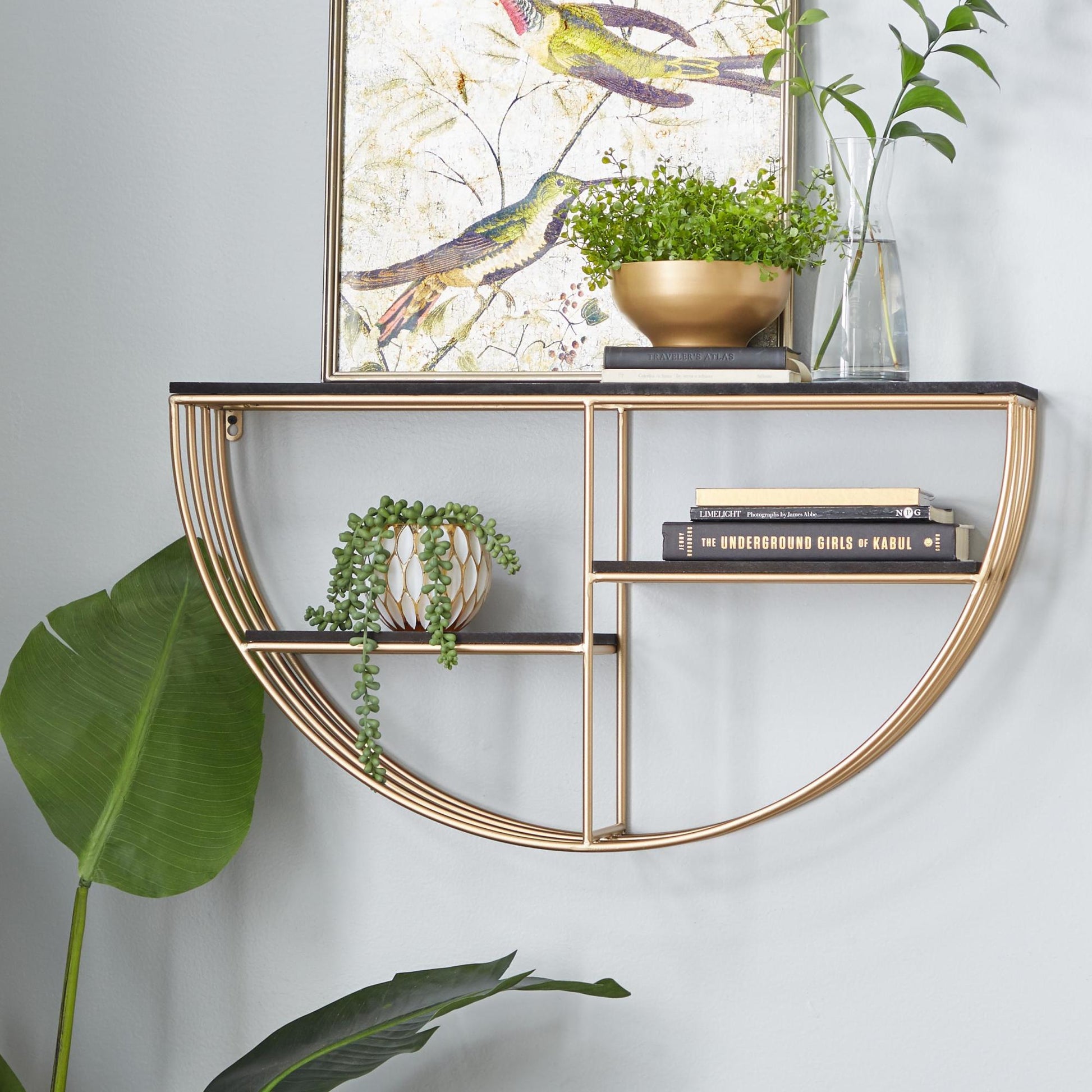 Gold Wooden 3 Shelves Room Wall Shelf with Half Moon Shape