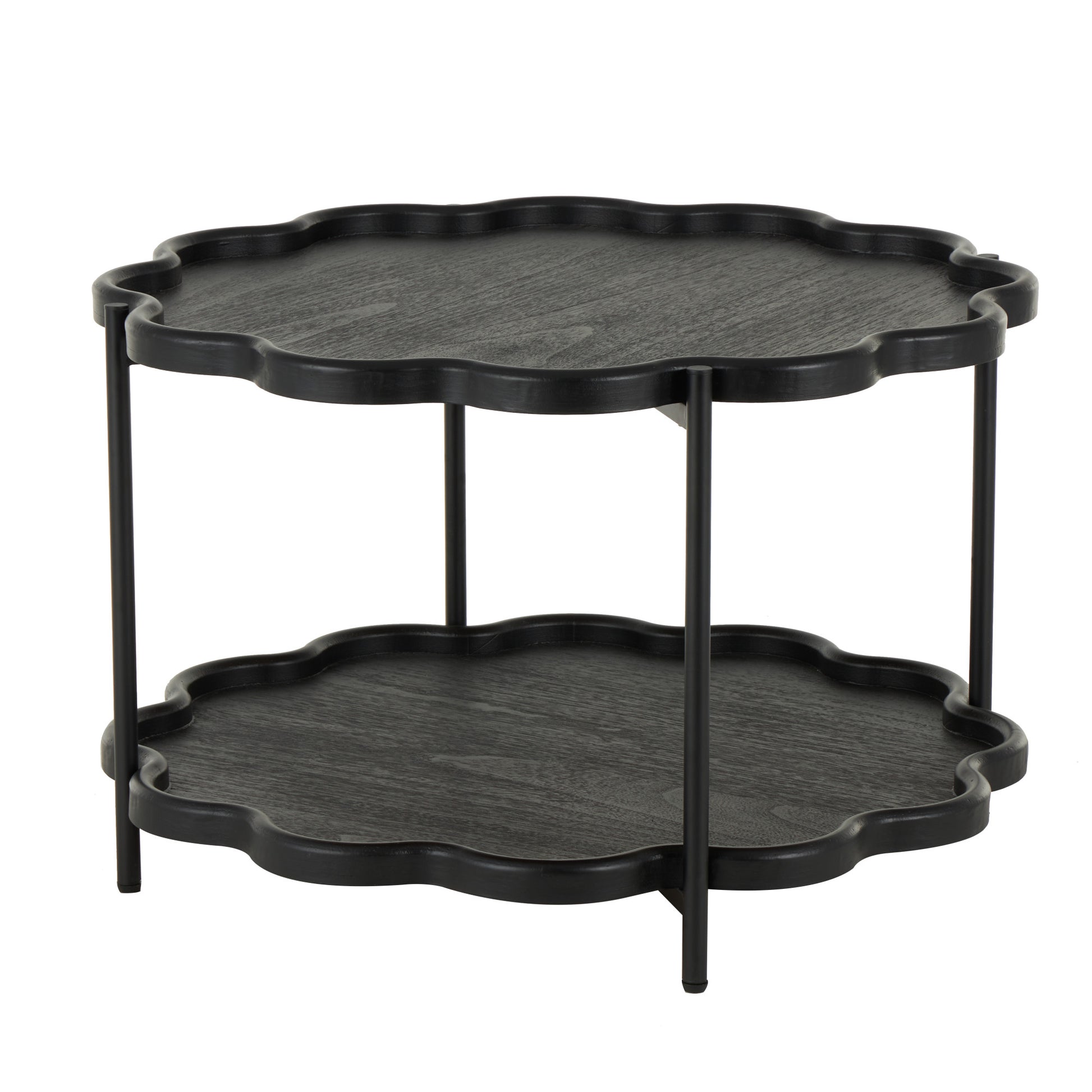 Black Wood Floral Inspired 2 Level Accent Table with Metal Legs