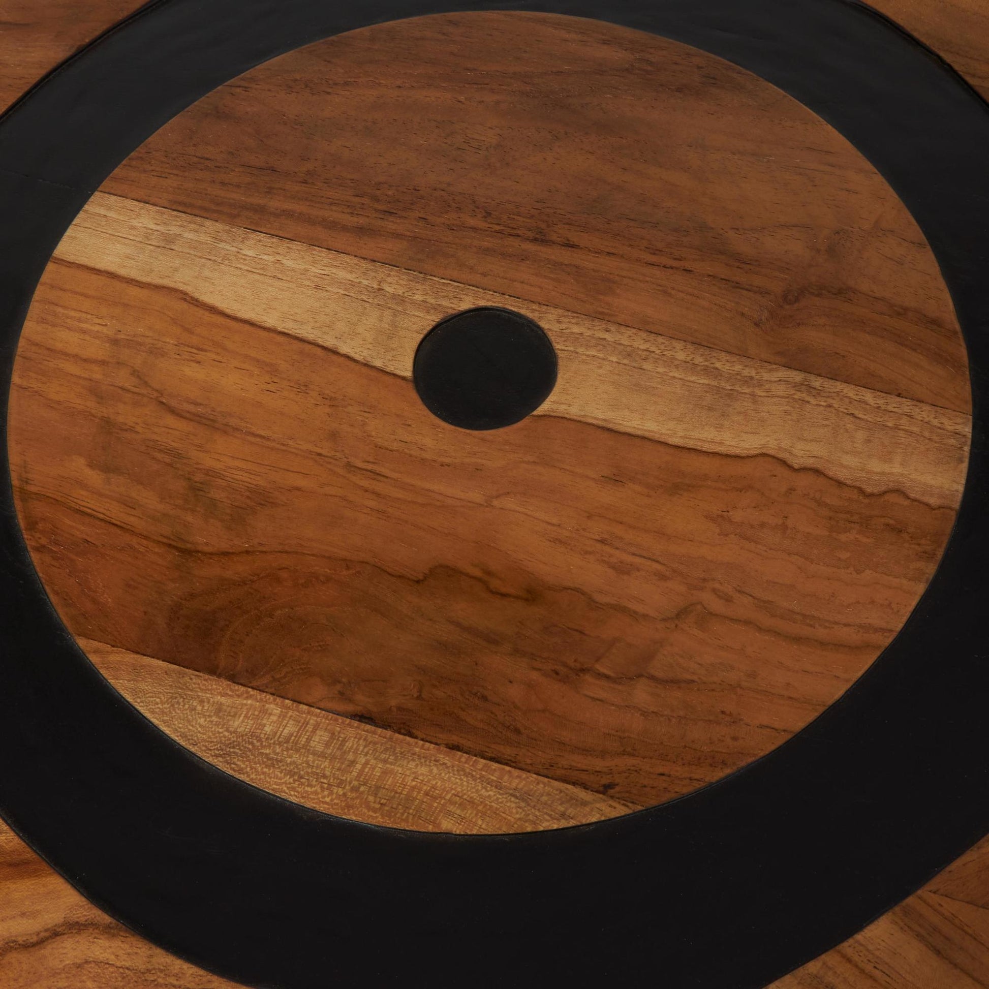 Geometric Brown Teak Wood Layered Circle Side End Accent Table with Black Legs