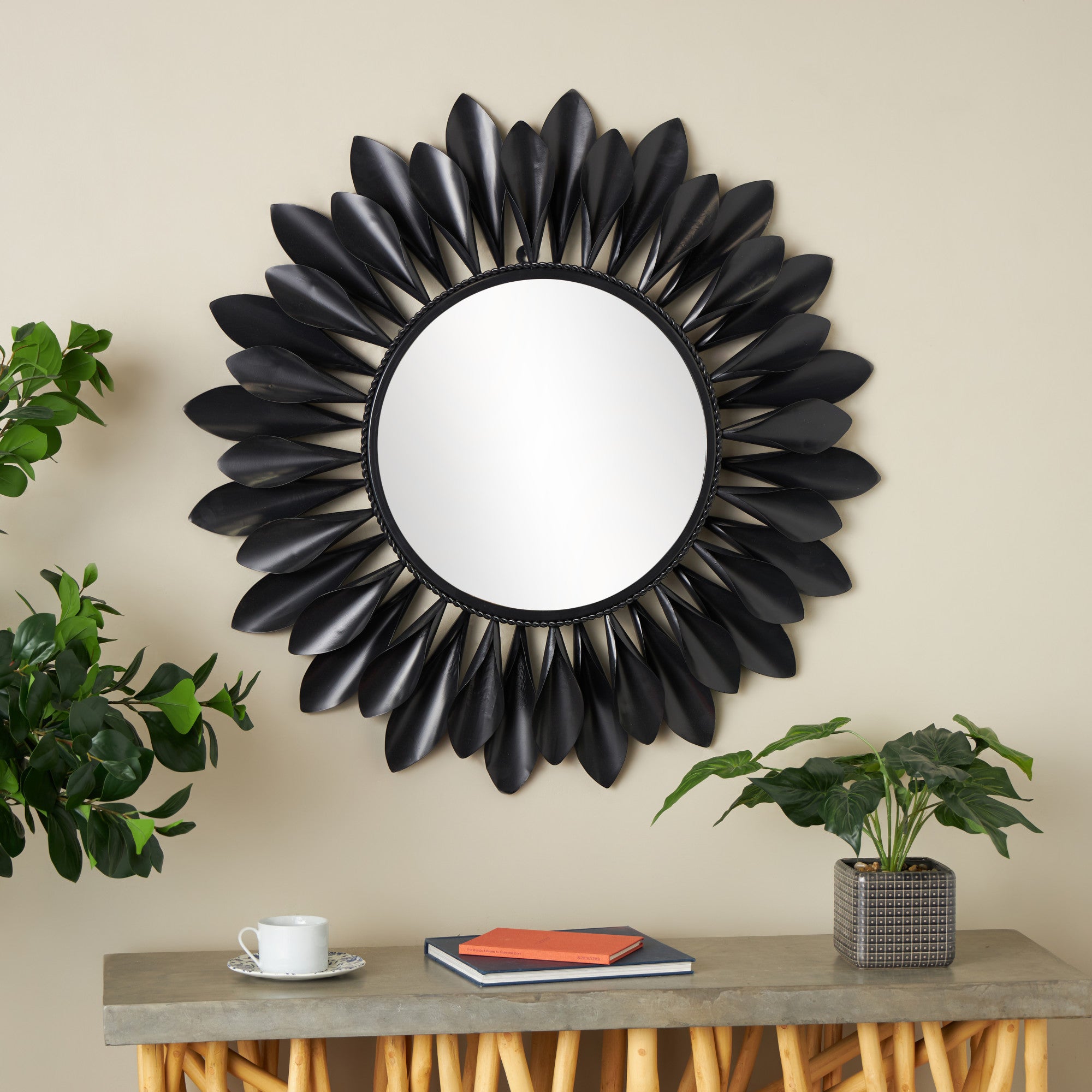 Black Metal Room Wall Mirror with Beaded Detailing and Leaves