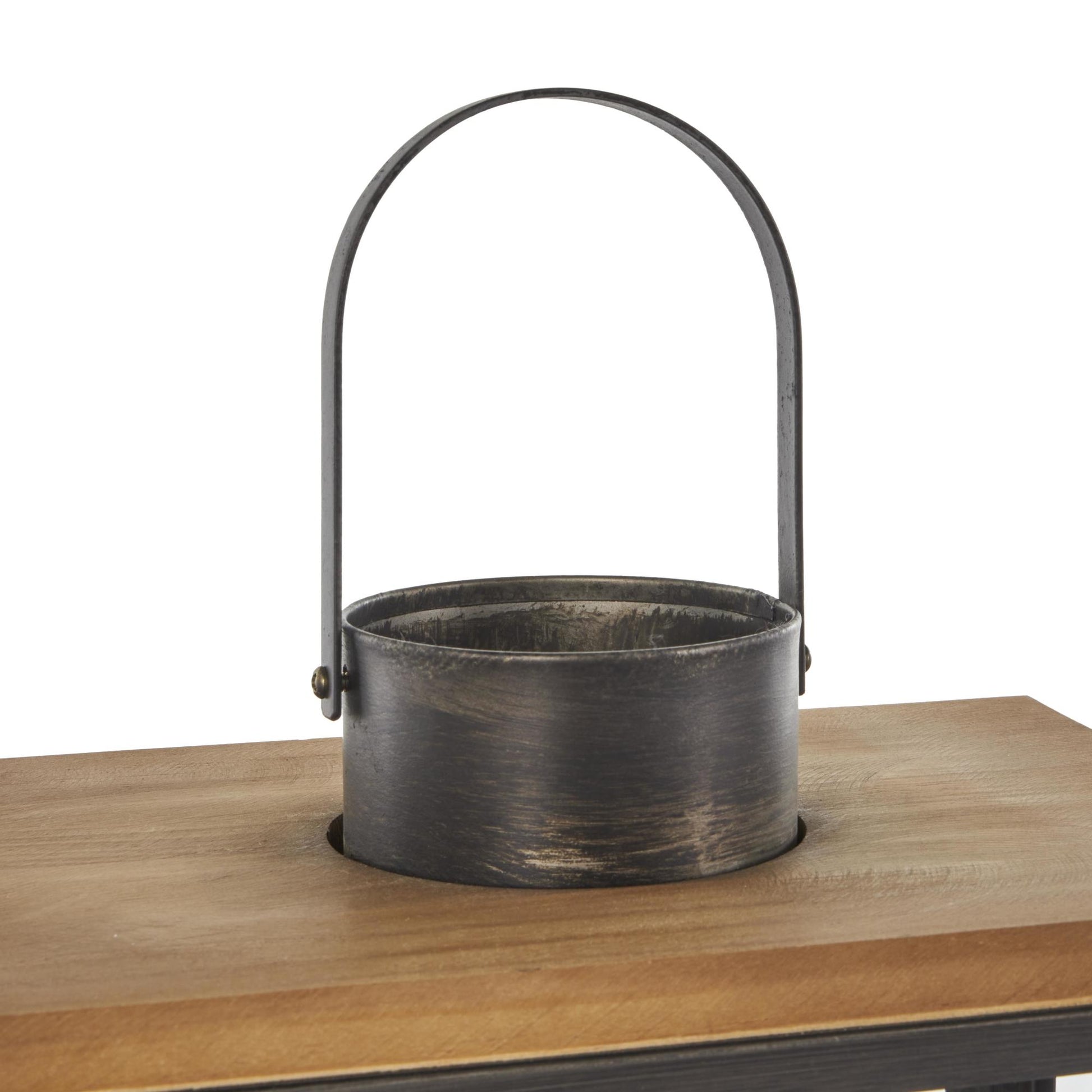 Set of 2 Dark Gray Metal Brushed Rectangular Indoor Outdoor Candle Lantern with Brown Wood Tops