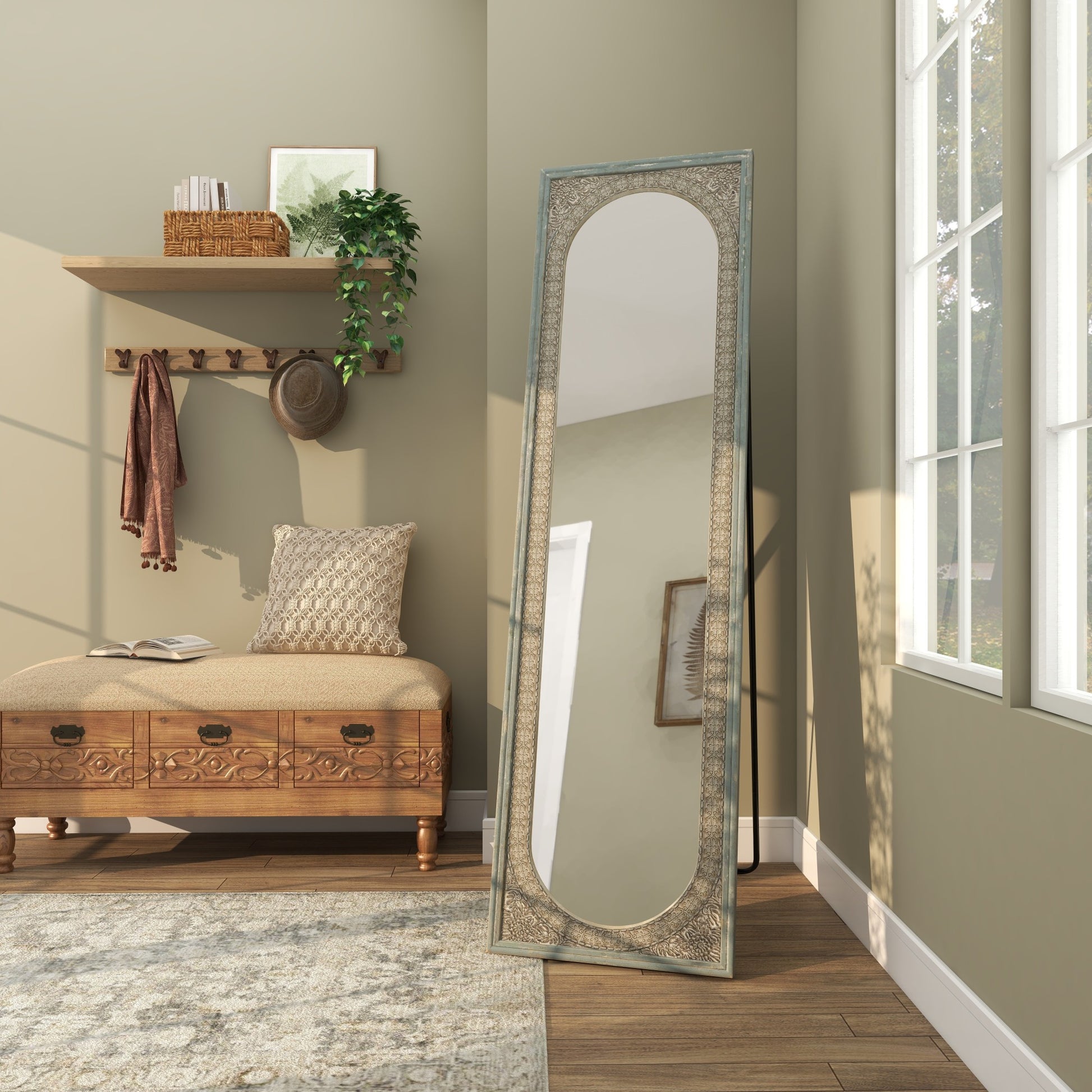 Floral Green Wood Embossed Room Floor Mirror with Black Metal Foldable Stand