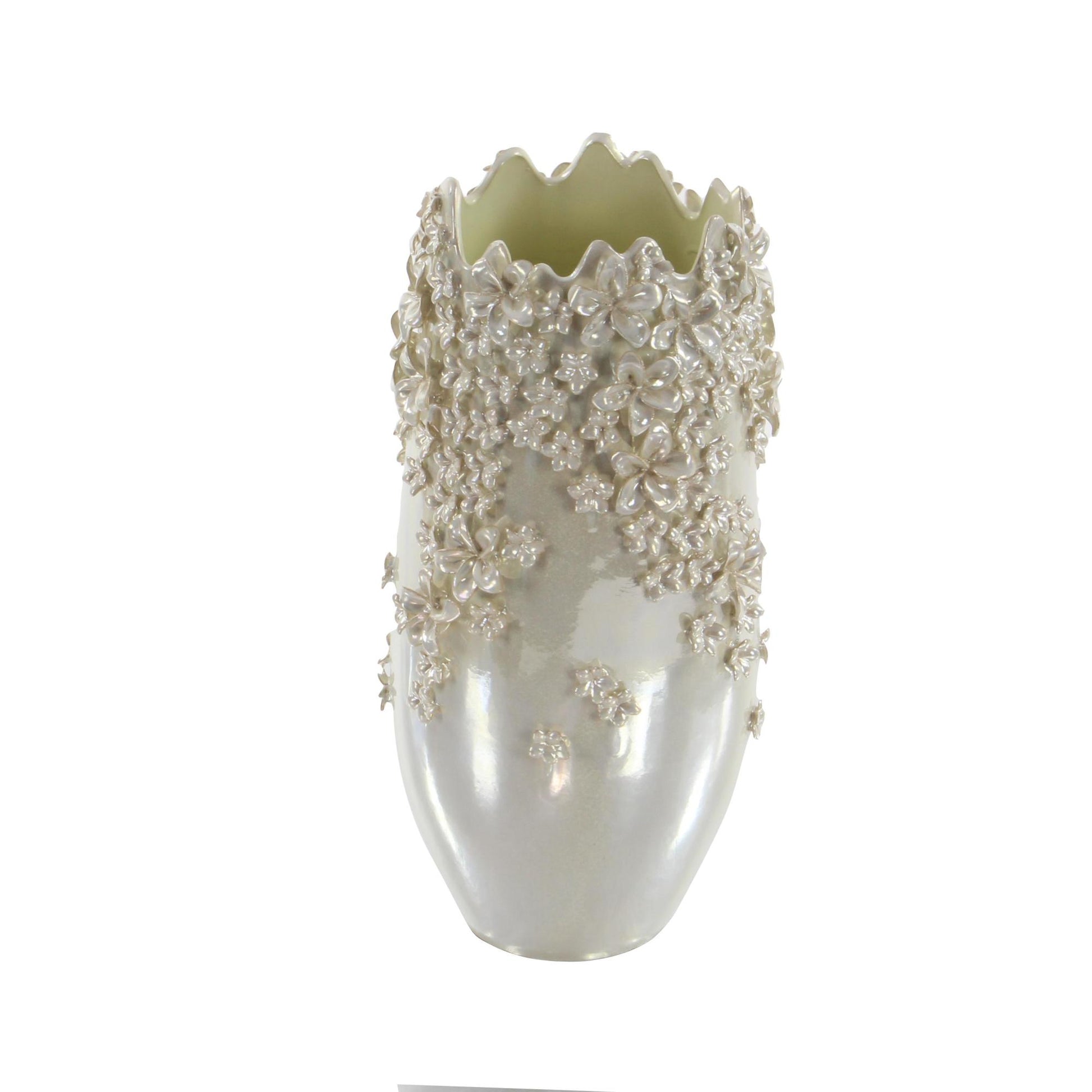 Floral Cream Ceramic 3D Decorative Vase with Iridescent Glaze