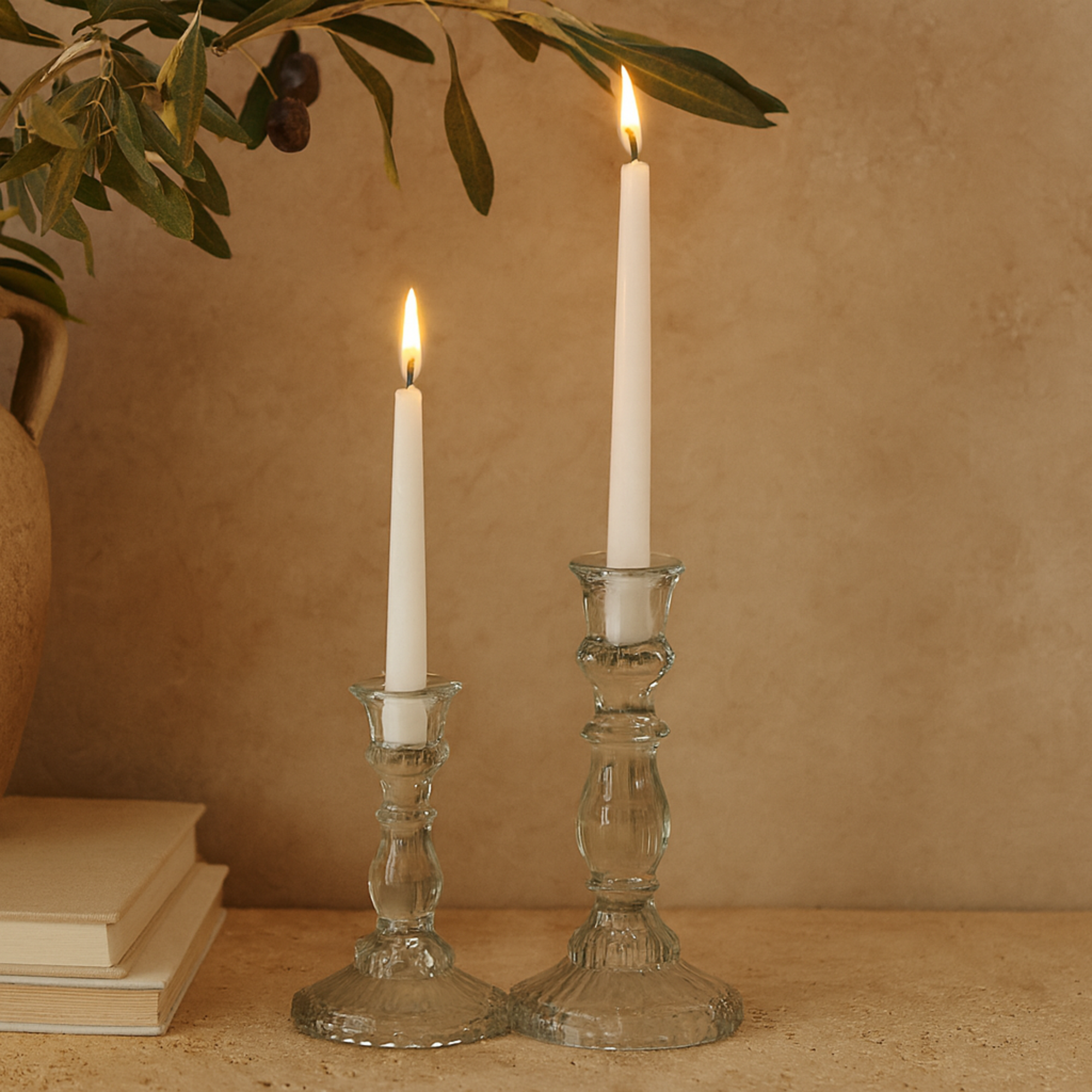 Set of 3 Clear Glass Fluted Turned Decorative Candle Holder