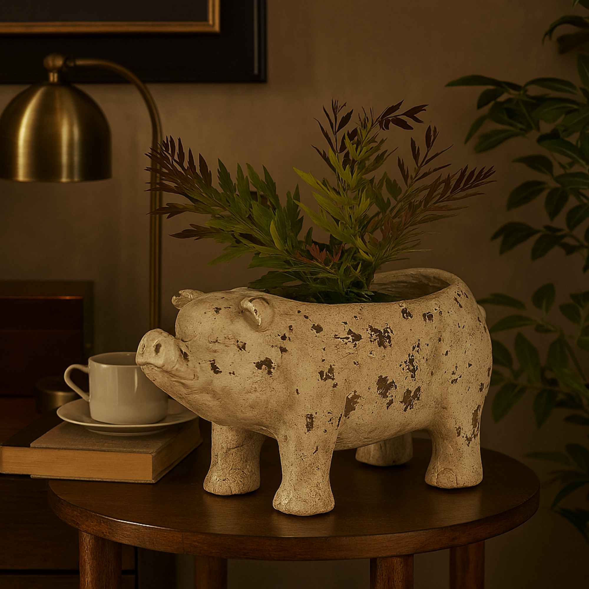 Pig Light Brown Magnesium Oxide Indoor Outdoor Planter with Distressed Details