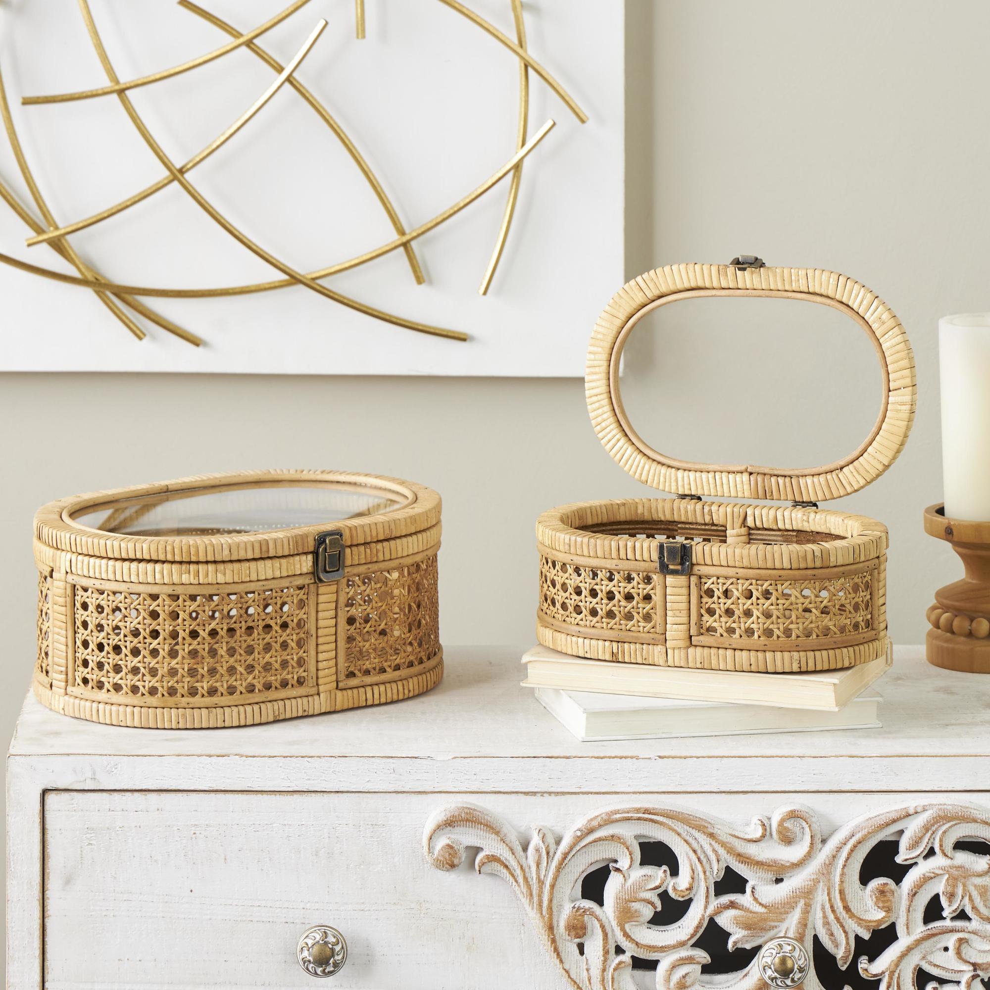 Set of 2 Brown Rattan Handmade Wrapped Oval Storage Decorative Box with Cane Panels and Tempered Glass Tops