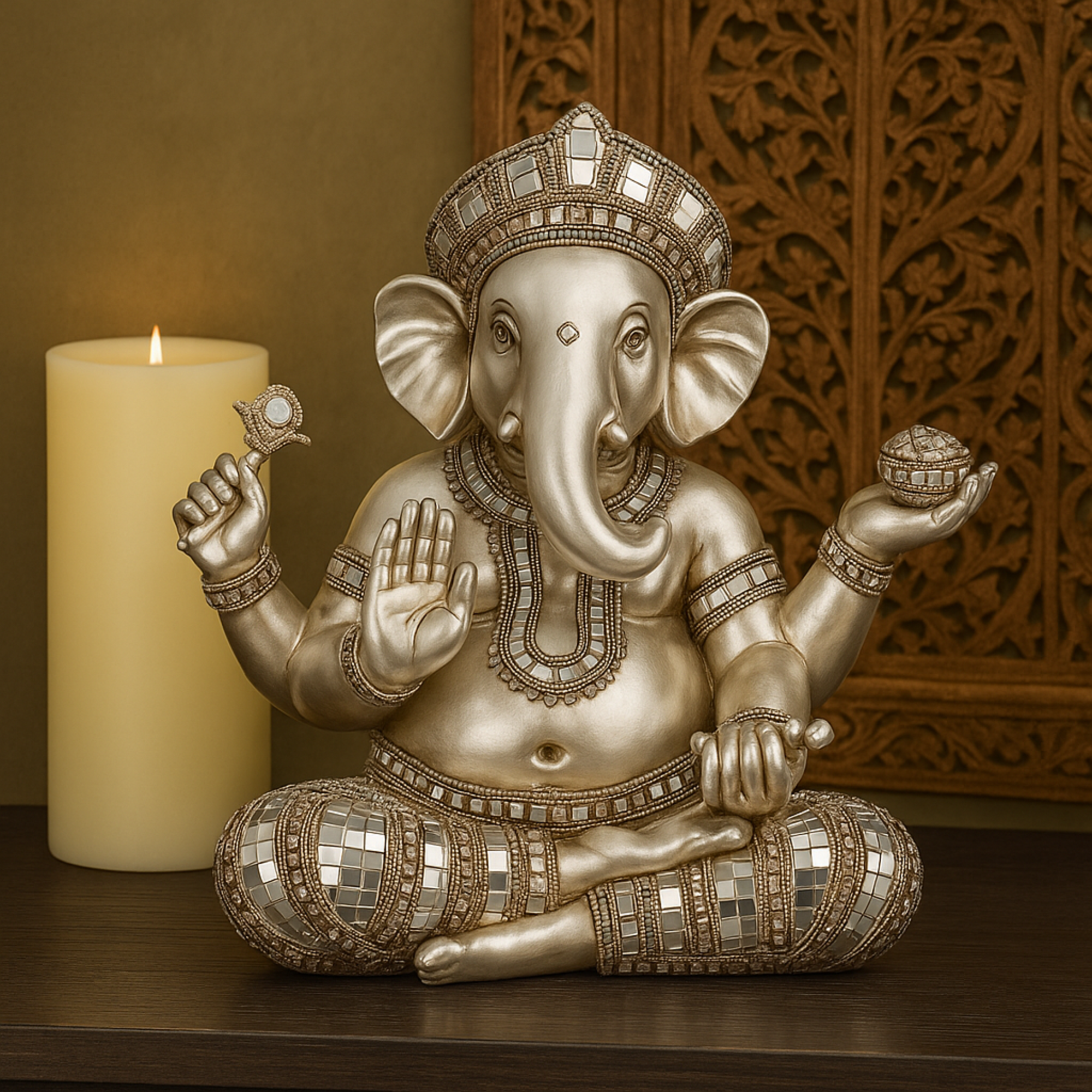 Ganesh Silver Polystone Meditating Decorative Sculpture with Engraved Carvings and Relief Detailing
