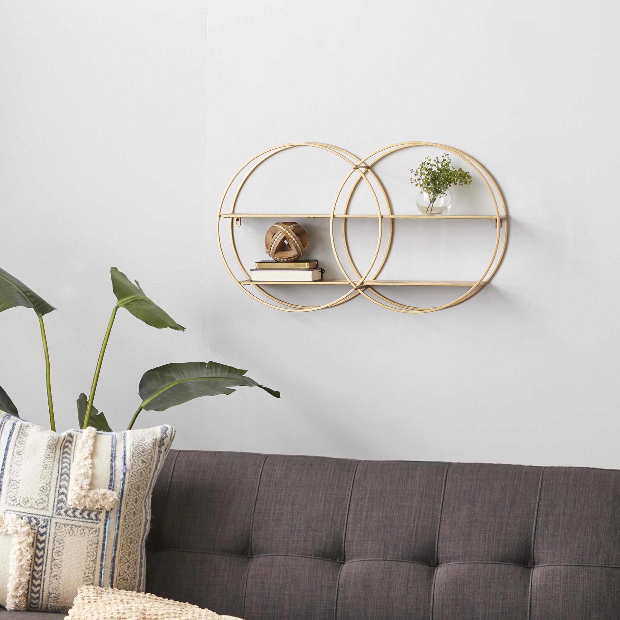 CosmoLiving by Cosmopolitan Geometric Gold Metal Round Overlapping Ring 2 Tier Room Wall Shelf with Wooden Shelves