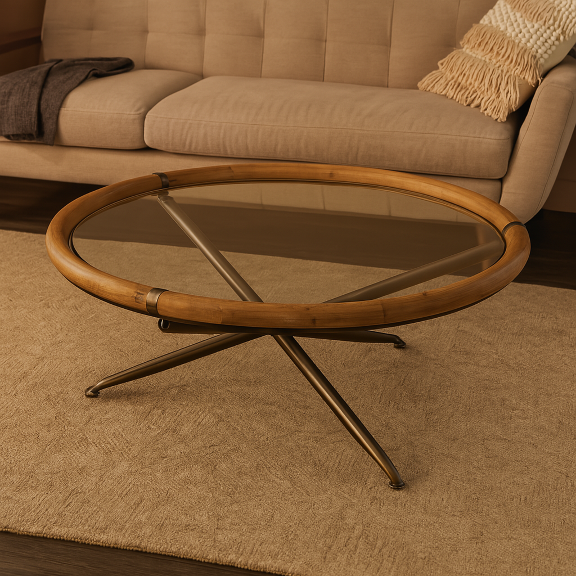 Brass Metal Round Living Room Coffee Table with Brown Wooden Framed Glass Tabletop