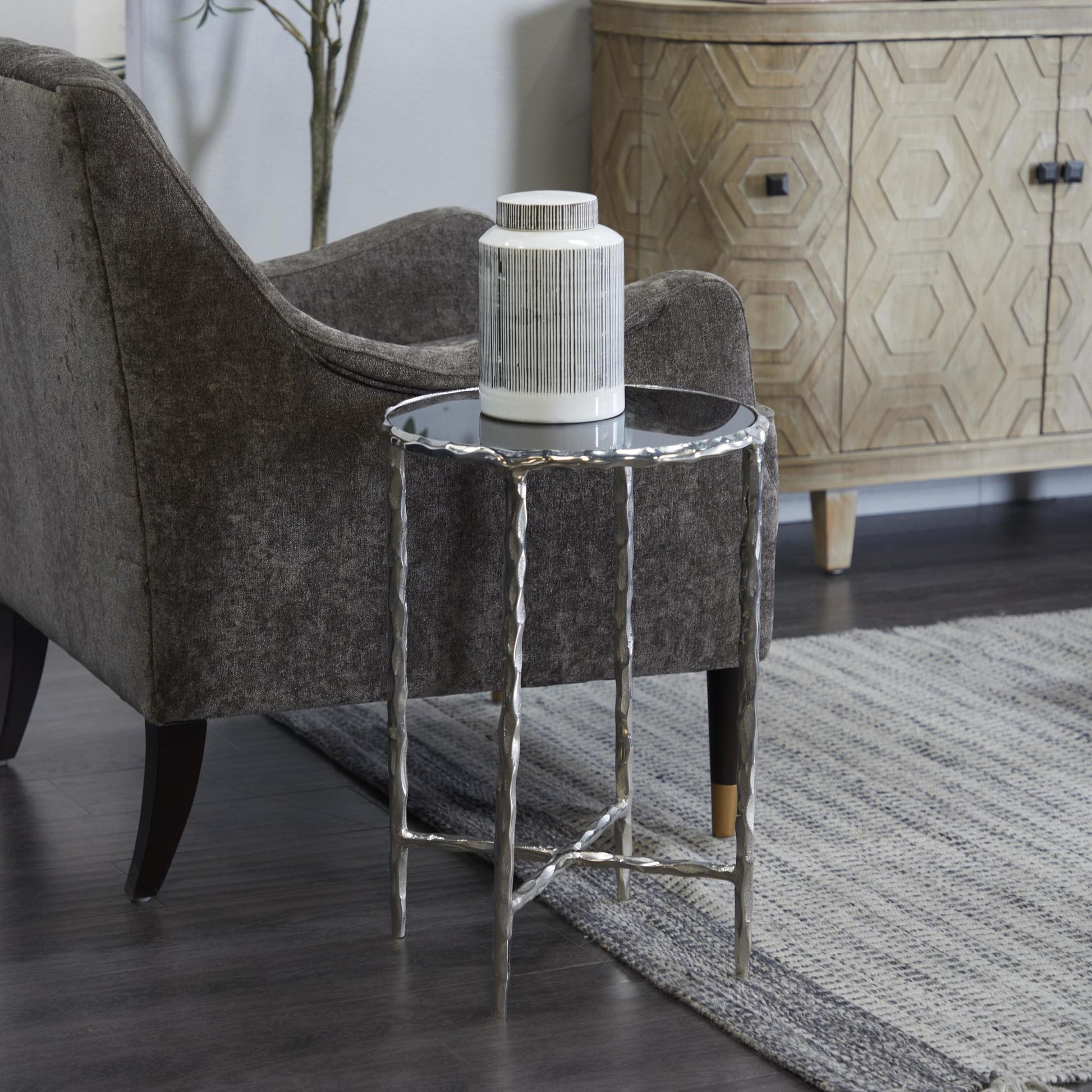 Aluminum Metal Side End Accent Table with Shaded Glass Top