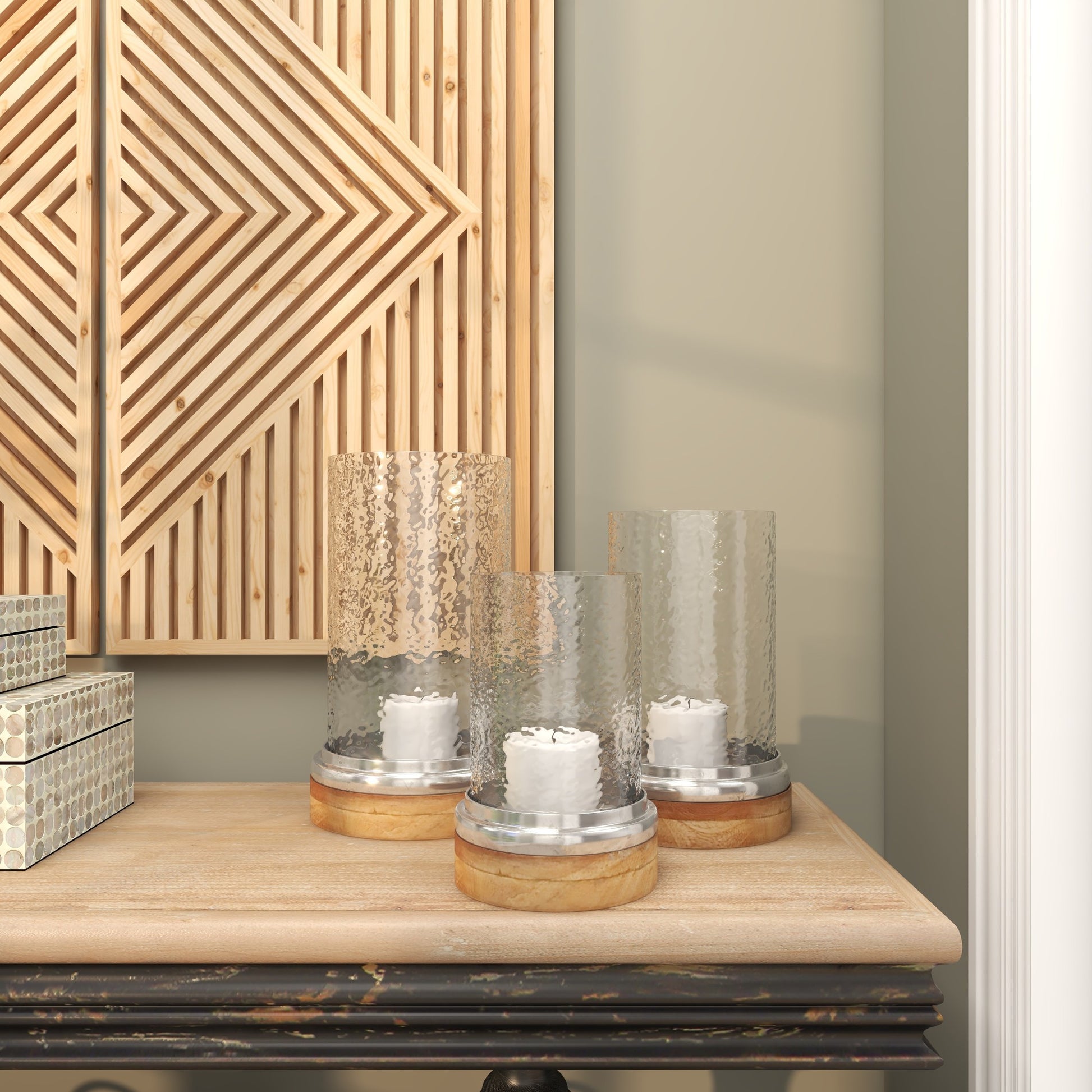 Set of 3 Brown Wood Pillar Room Hurricane Lamp with Glass Candle Holders