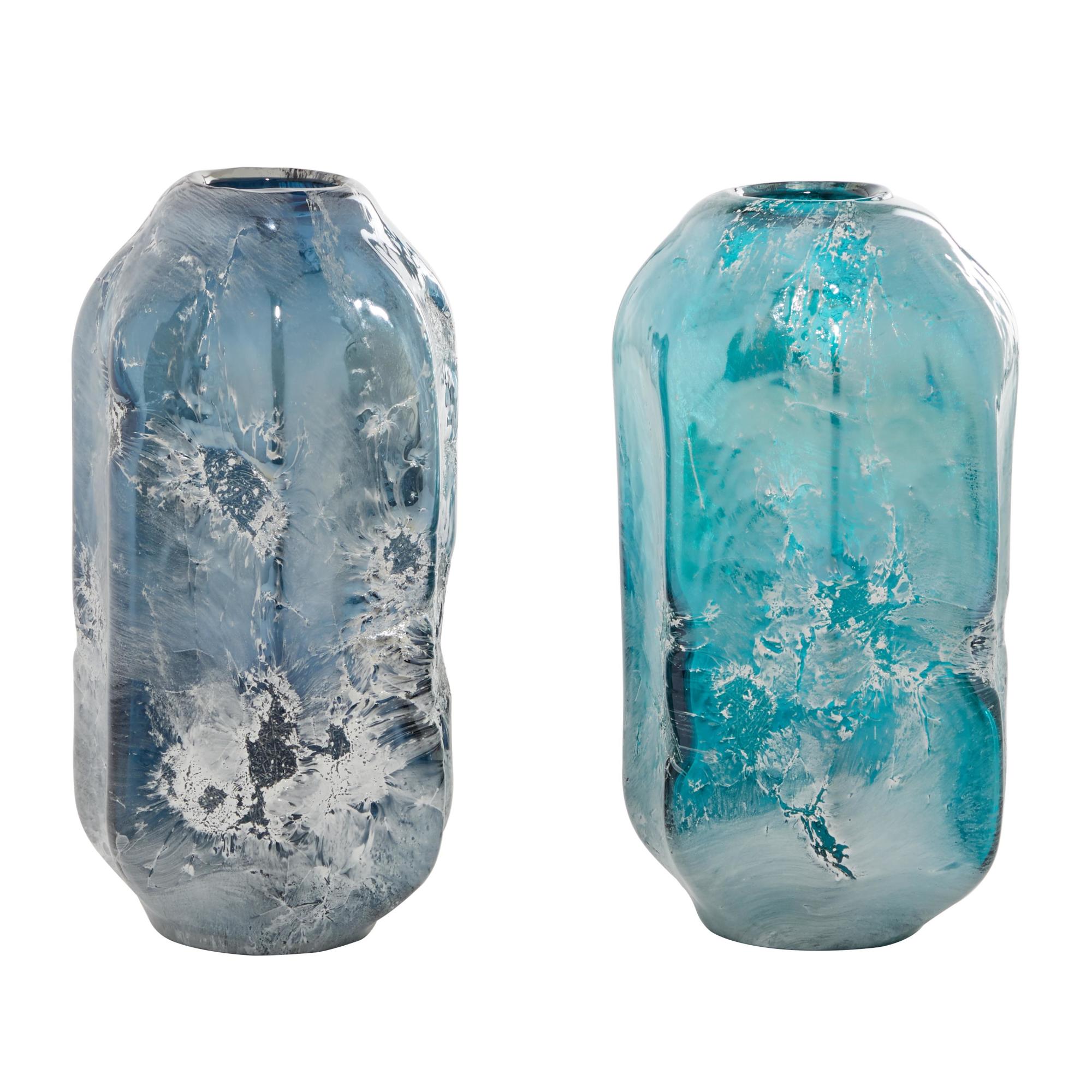 Set of 2 Blue Glass Handmade Blown Decorative Vase