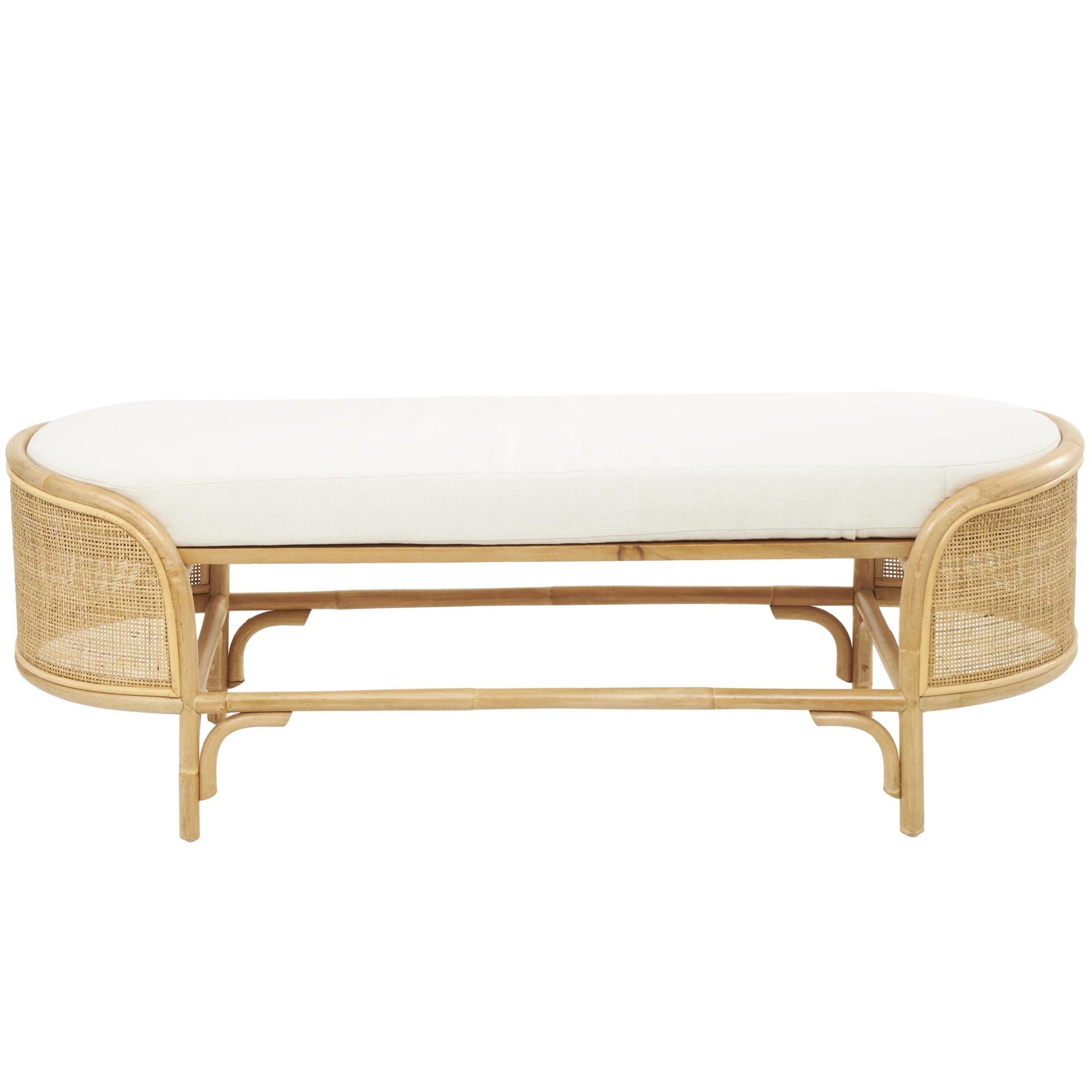 Brown Rattan Handmade Oval Home Bench with White Fabric Cushion