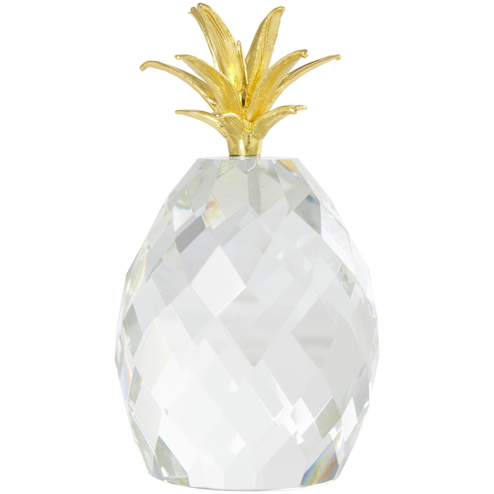 Set of 3 Fruit Clear Crystal Faceted Pineapple Decorative Sculpture with Gold Leaves