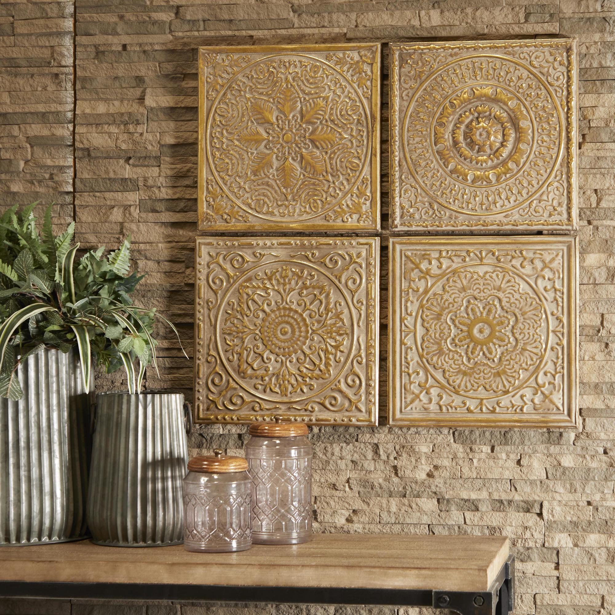 Set of 4 Scroll Gold Metal Home Wall Decor with Embossed Details