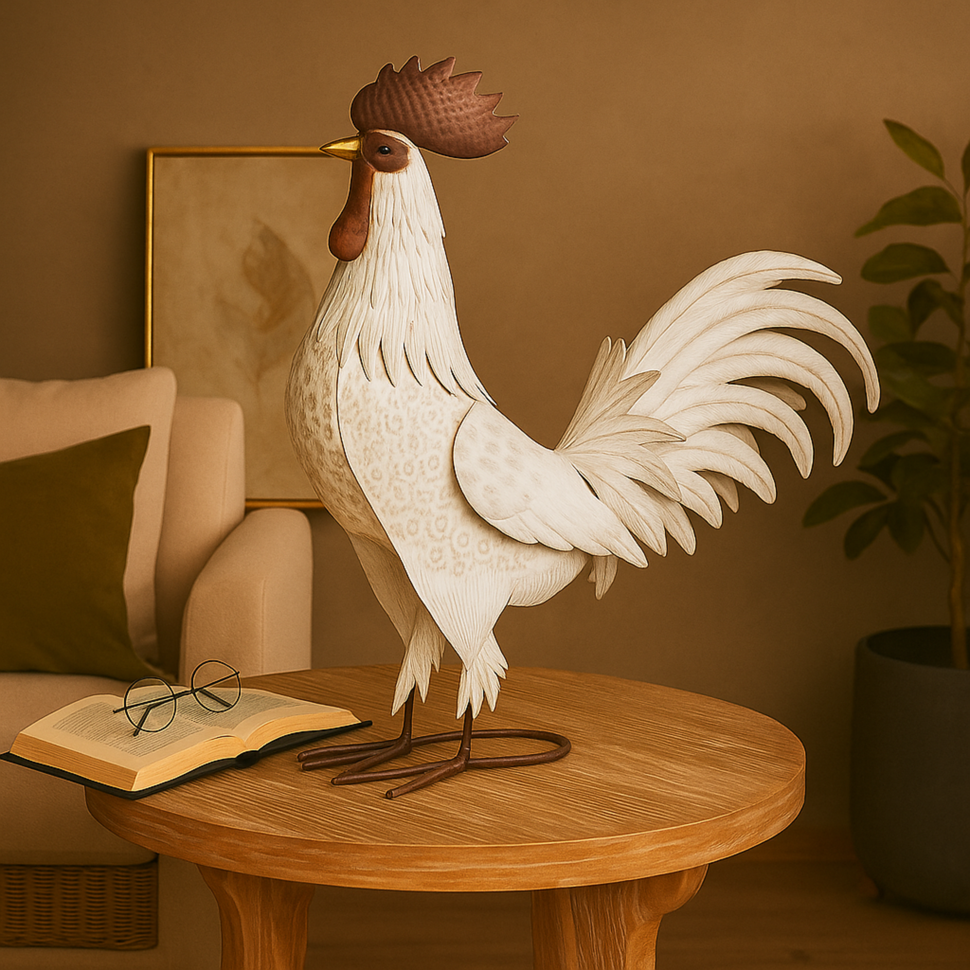 Rooster White Metal Decorative Garden Sculpture with Black Texturing and Red Accents