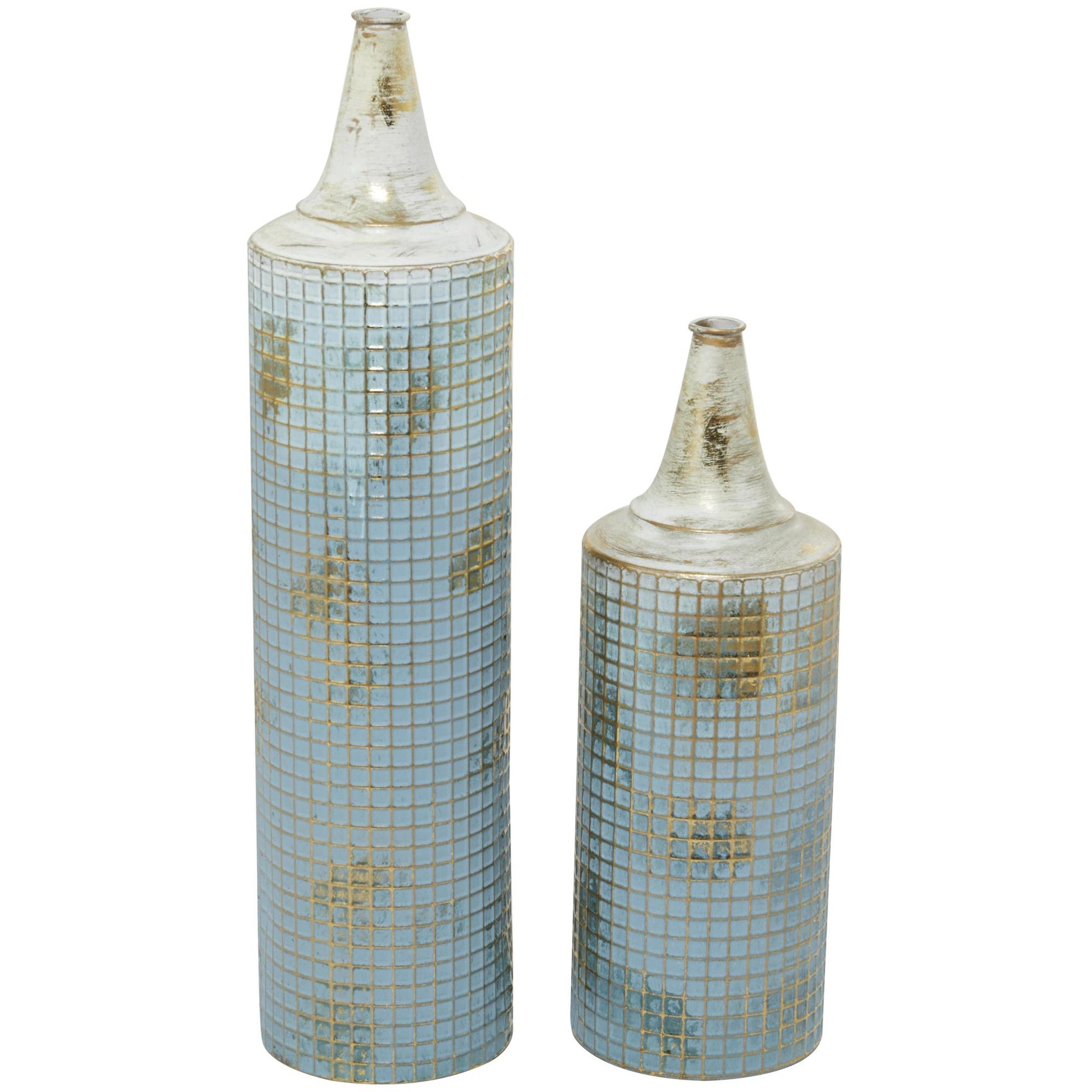 Set of 2 Geometric Blue Metal Distressed Tall Decorative Vase with Grid Pattern and Gold Accents