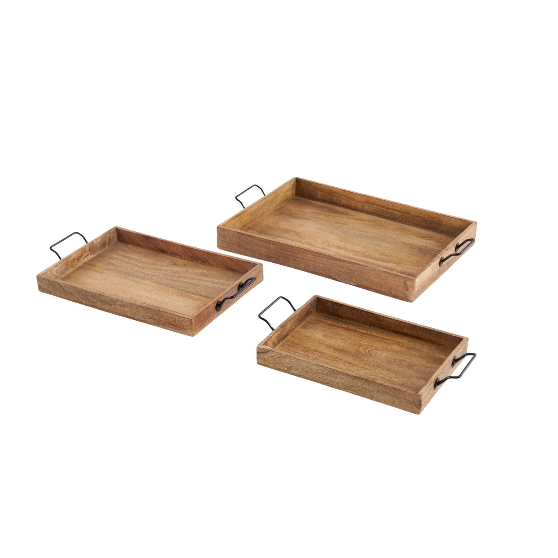 Set of 3 Brown Mango Wood Rectangular Living Room Decor Tray with Black Metal Handles