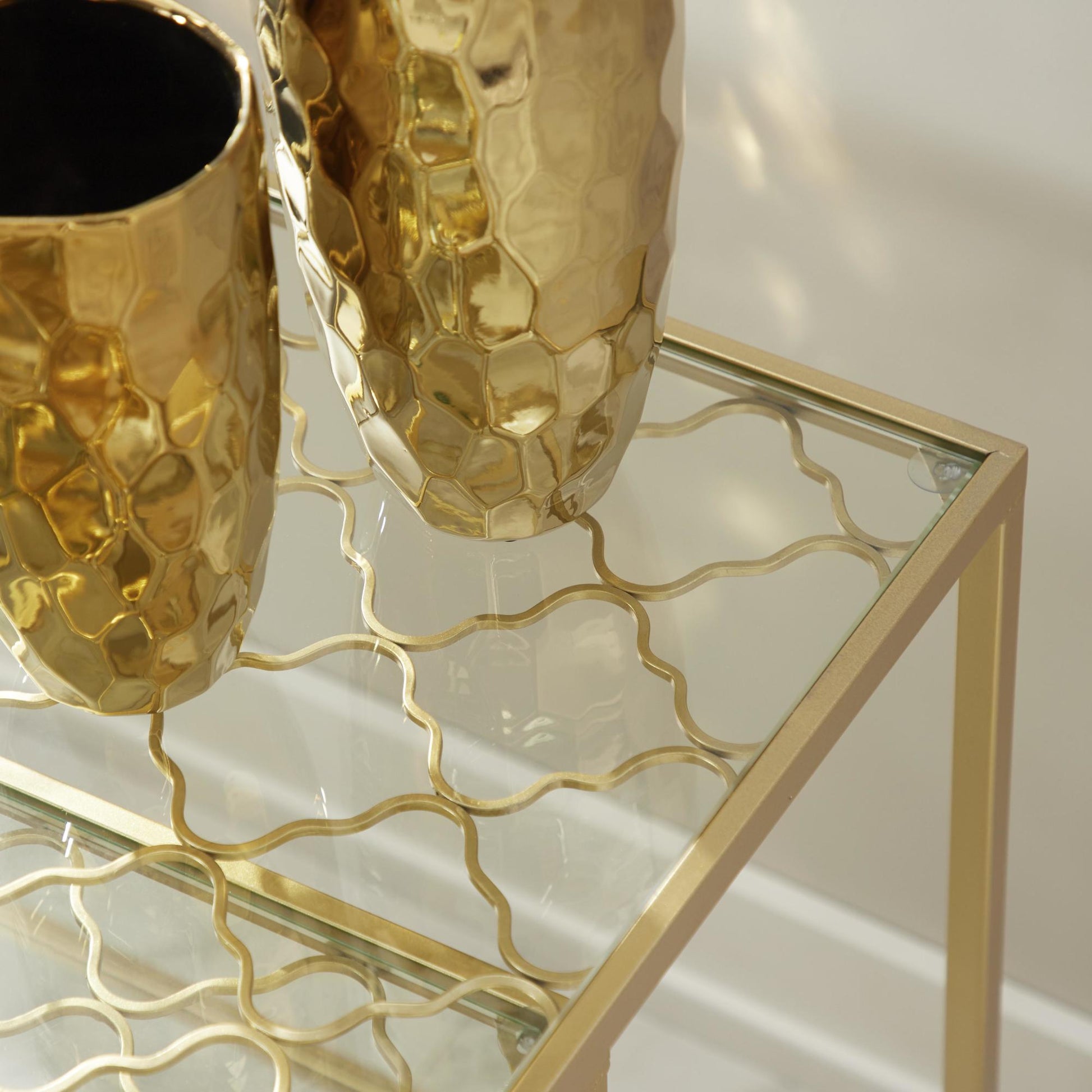Set of 3 Gold Metal Side End Accent Table with Clear Glass Top