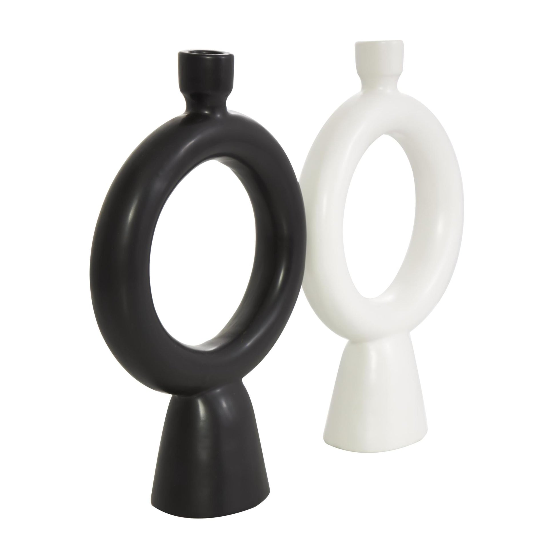 CosmoLiving by Cosmopolitan Set of 2 Geometric Black Ceramic Ring Decorative Candle Holder
