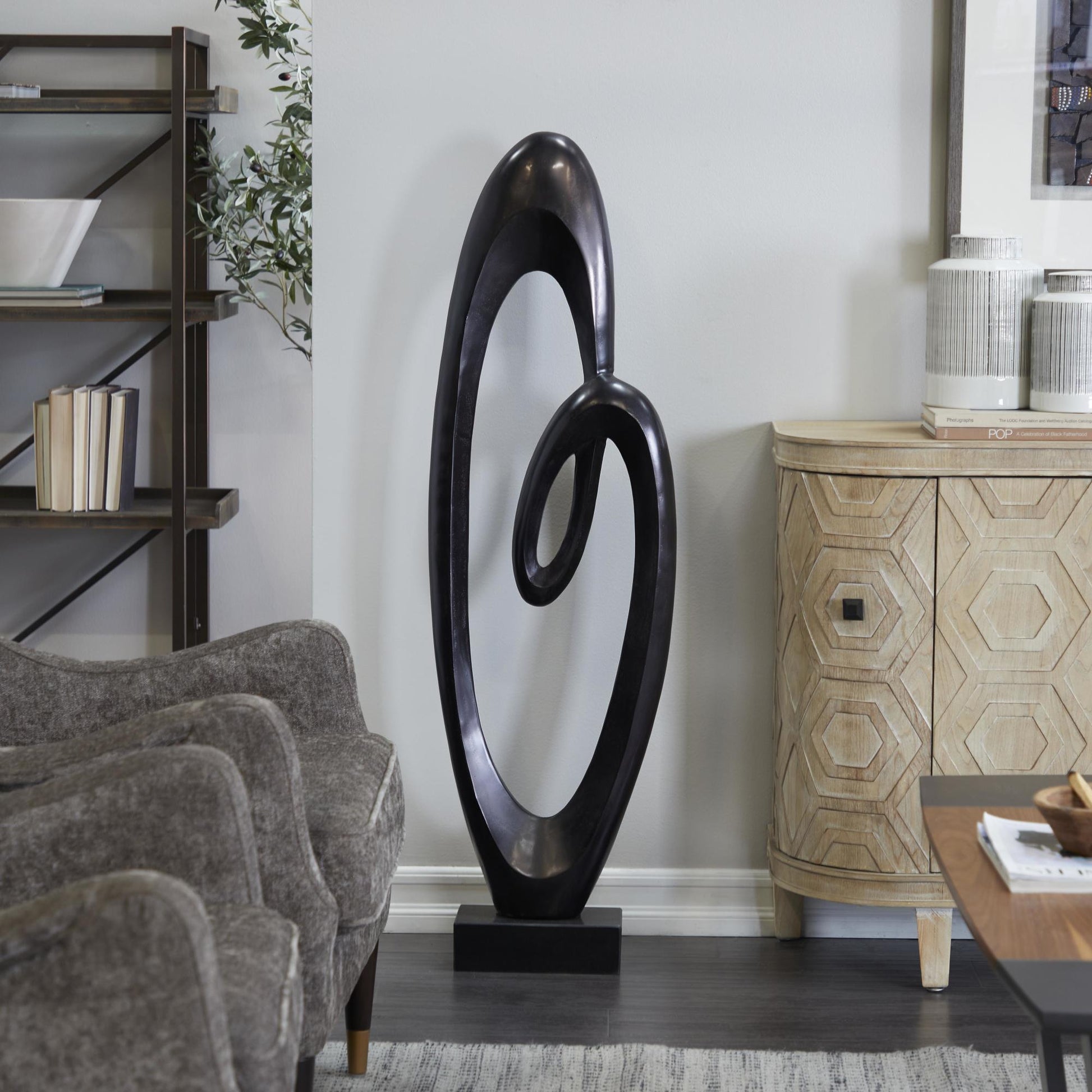 Abstract Aluminum Metal Tall Floor Loop Decorative Sculpture with Black Marble Base 16" x 5" x 52"