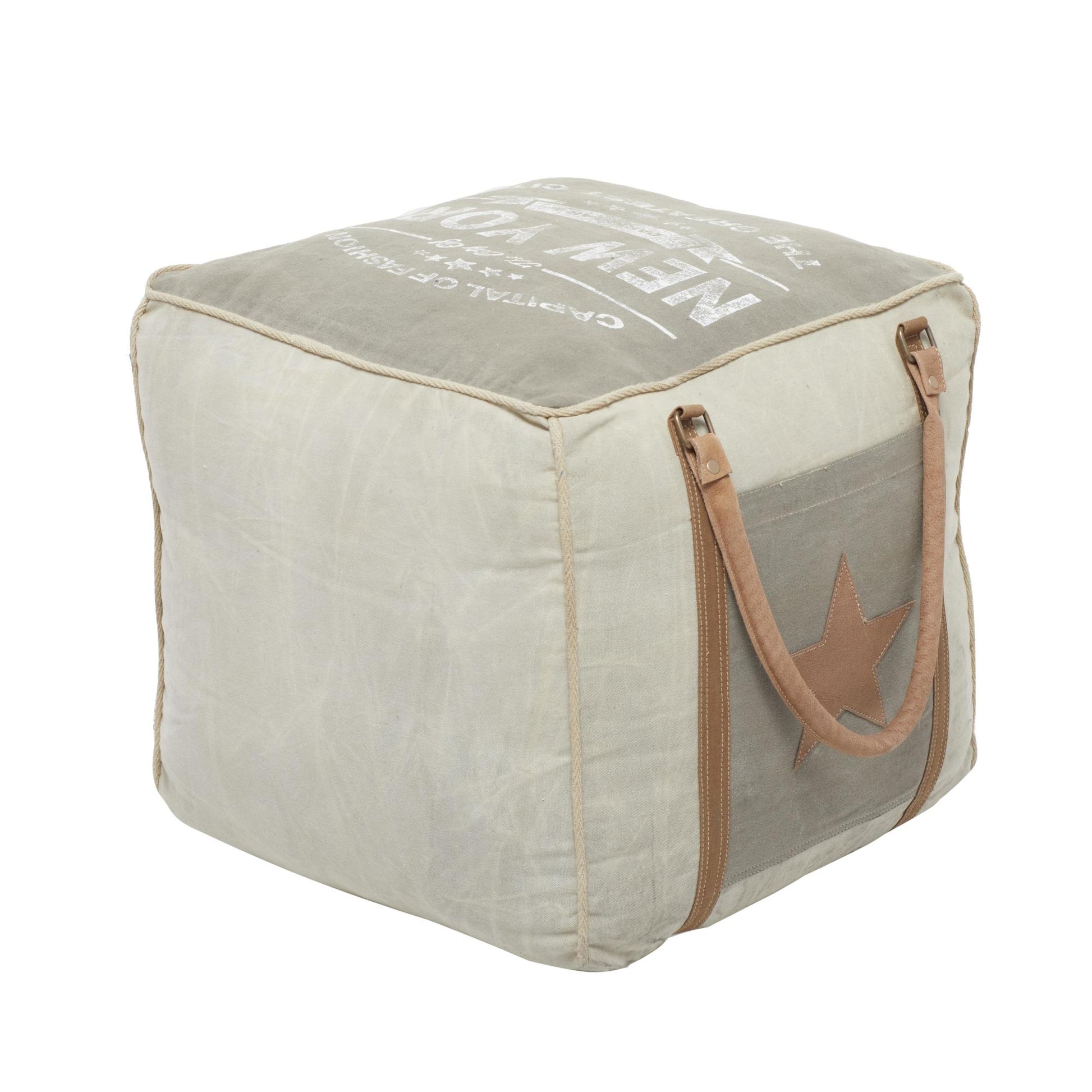Star Canvas Stuffed Pouf with Leather Accents