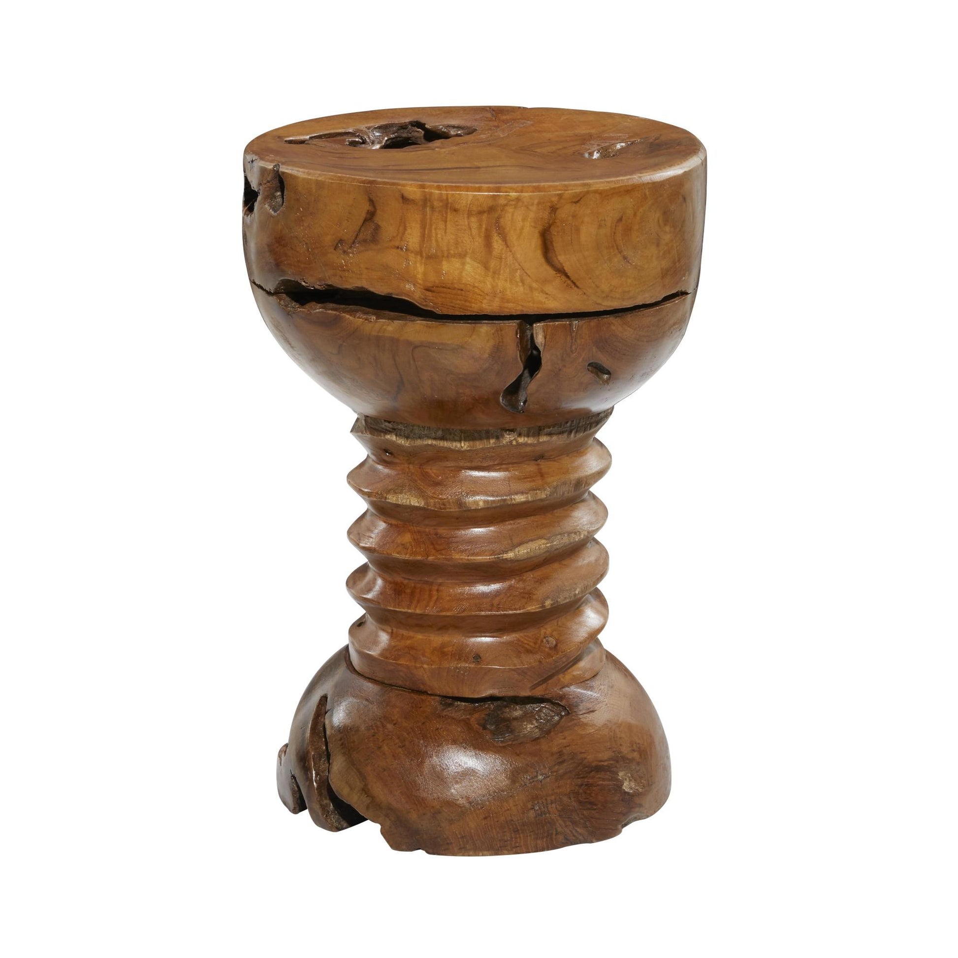 Brown Teak Wood Handmade Live Edge Side End Accent Table with Coiled Base