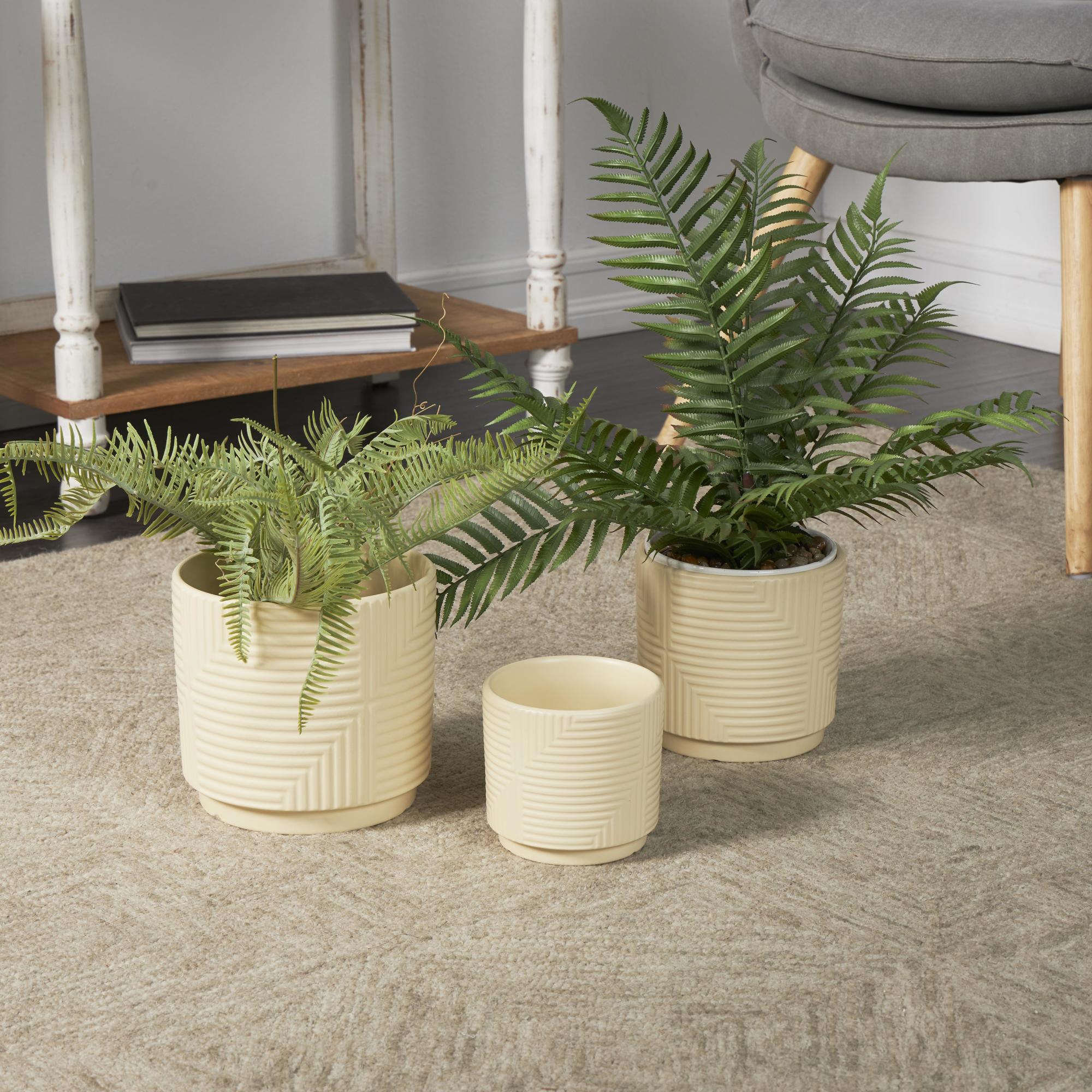 Set of 3 Geometric Ceramic Indoor Outdoor Planter with Layered Square Shaped Grooves