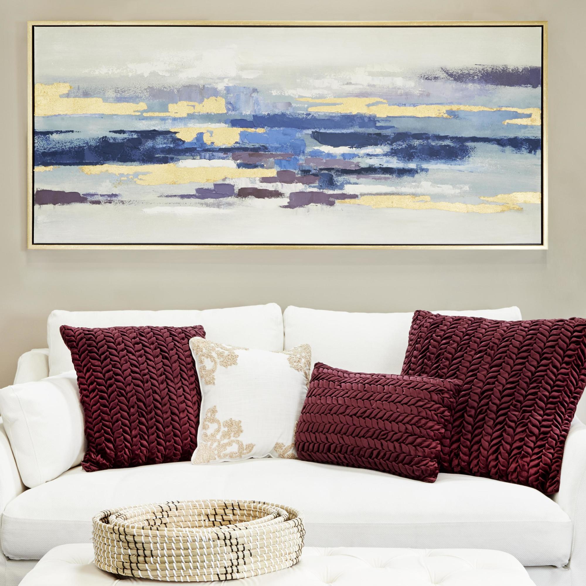 Abstract Blue Canvas Long Horizontal Living Room Framed Wall Art with Gold Foil Accents