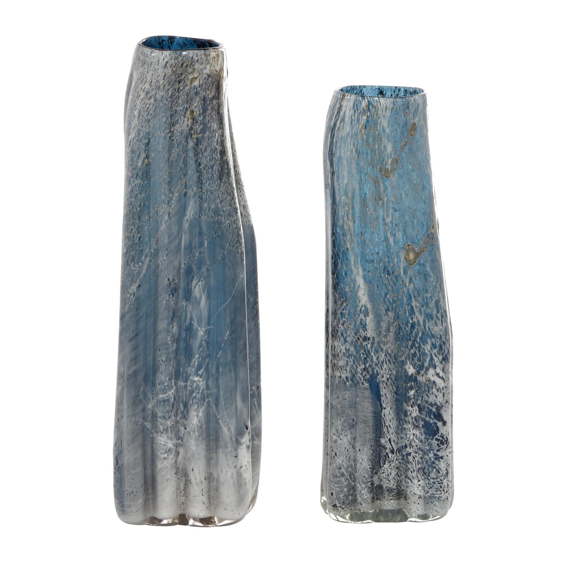 Set of 2 Abstract Blue Glass Handmade Blown Decorative Vase
