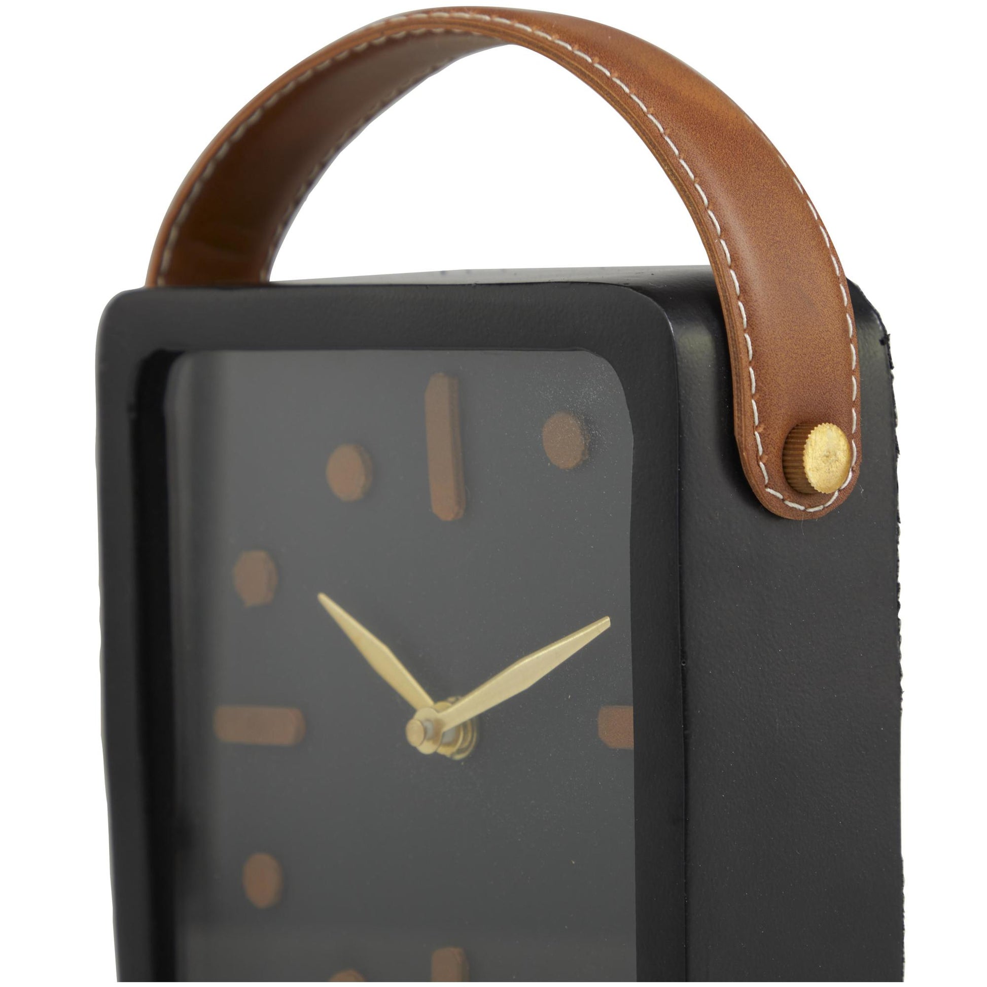 Black Metal Small Decorative Clock with Leather Handle and Hour Markers