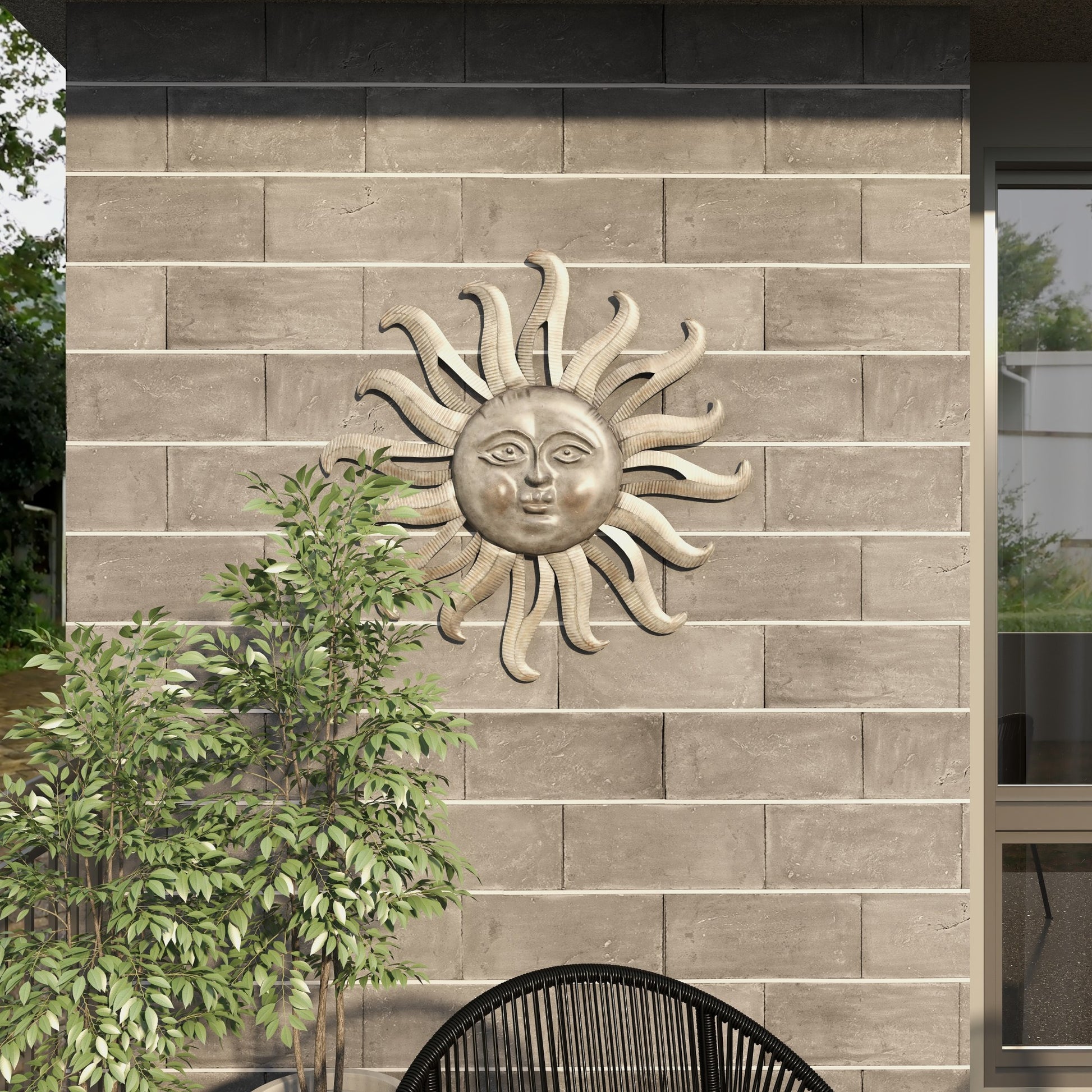 Sun Gray Metal Indoor Outdoor Face Home Wall Decor with Ribbed Detailing