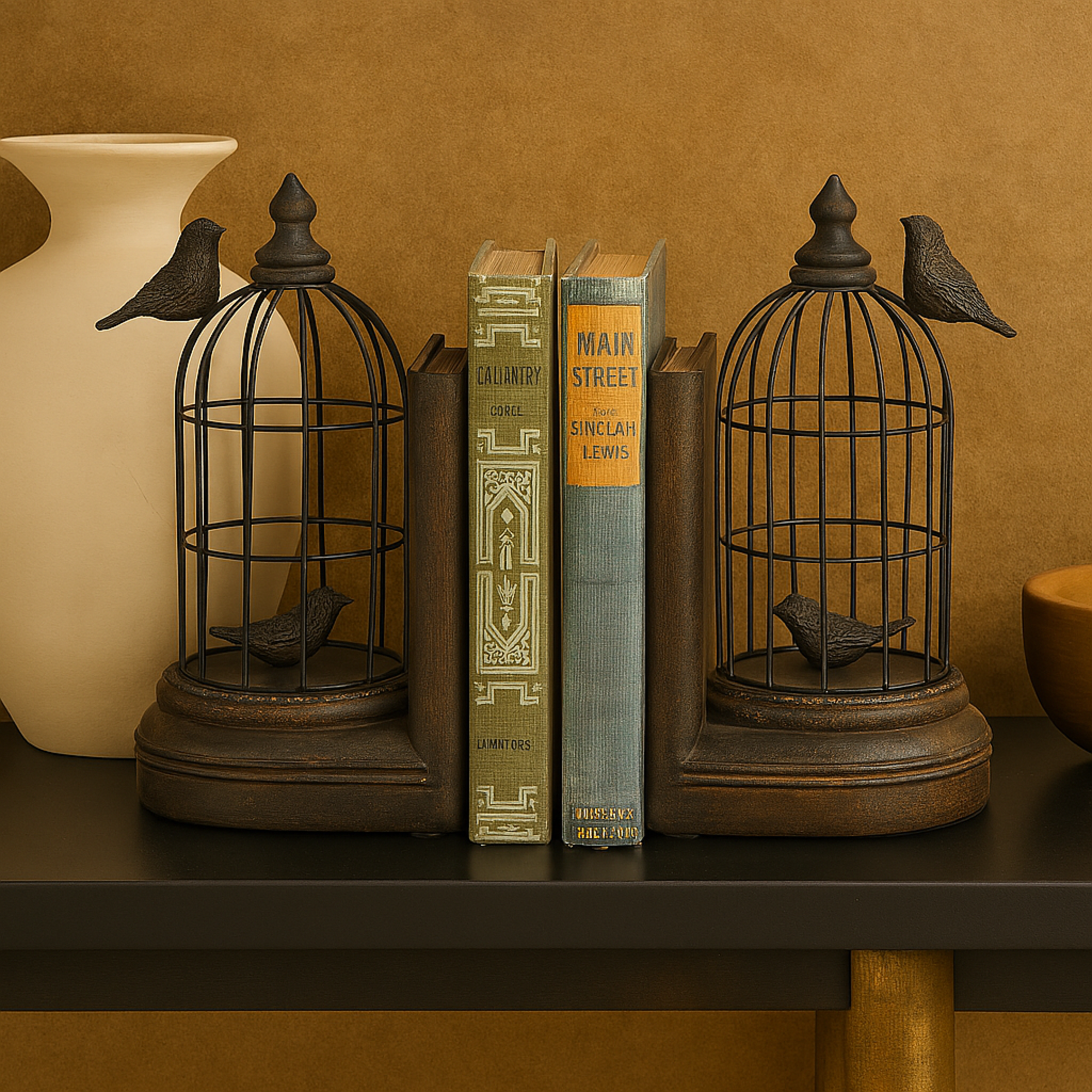 Set of 2 Bird Black Metal Decorative Bookends with Cages