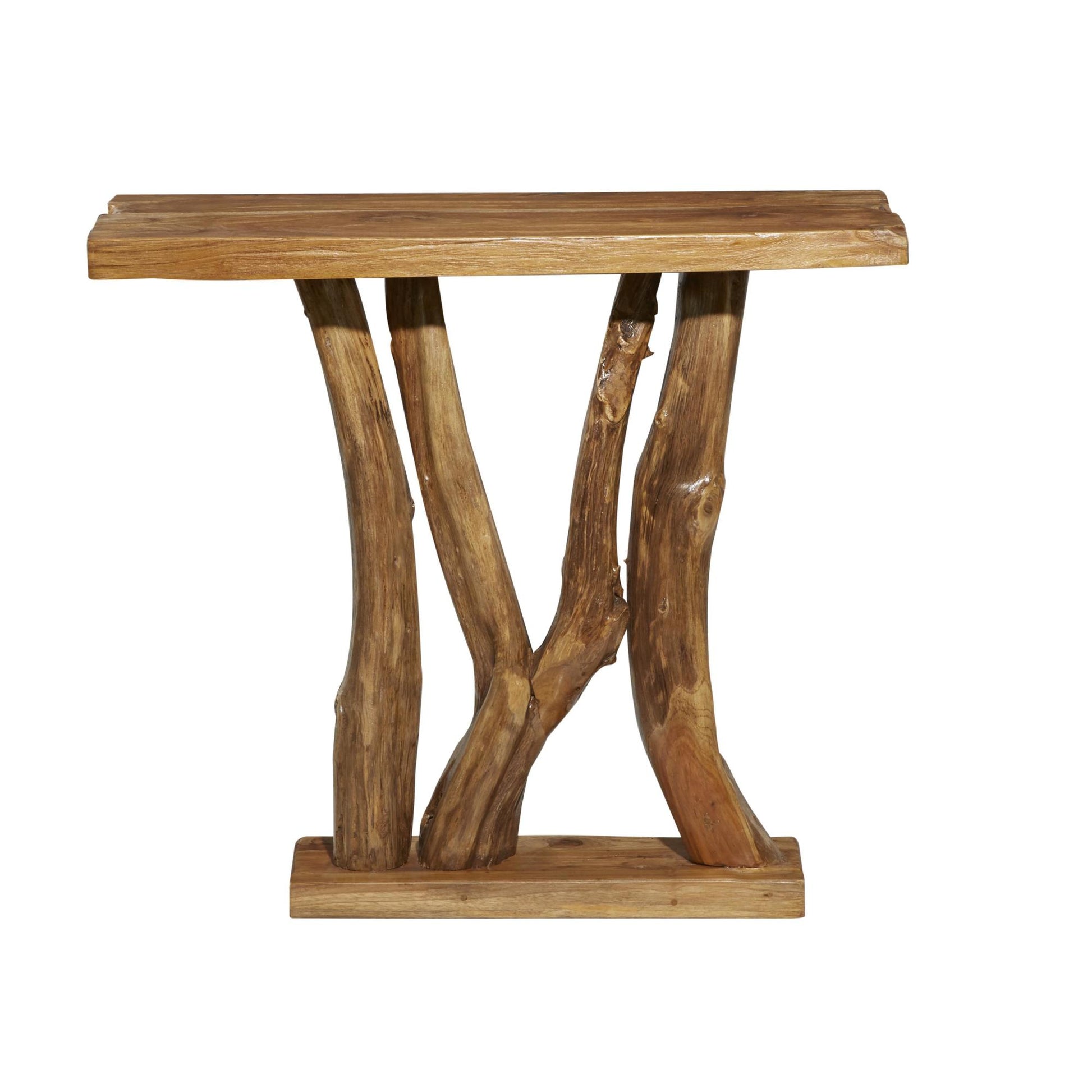 Brown Teak Wood Small Live Edge Tree Trunk Living Room Console Table