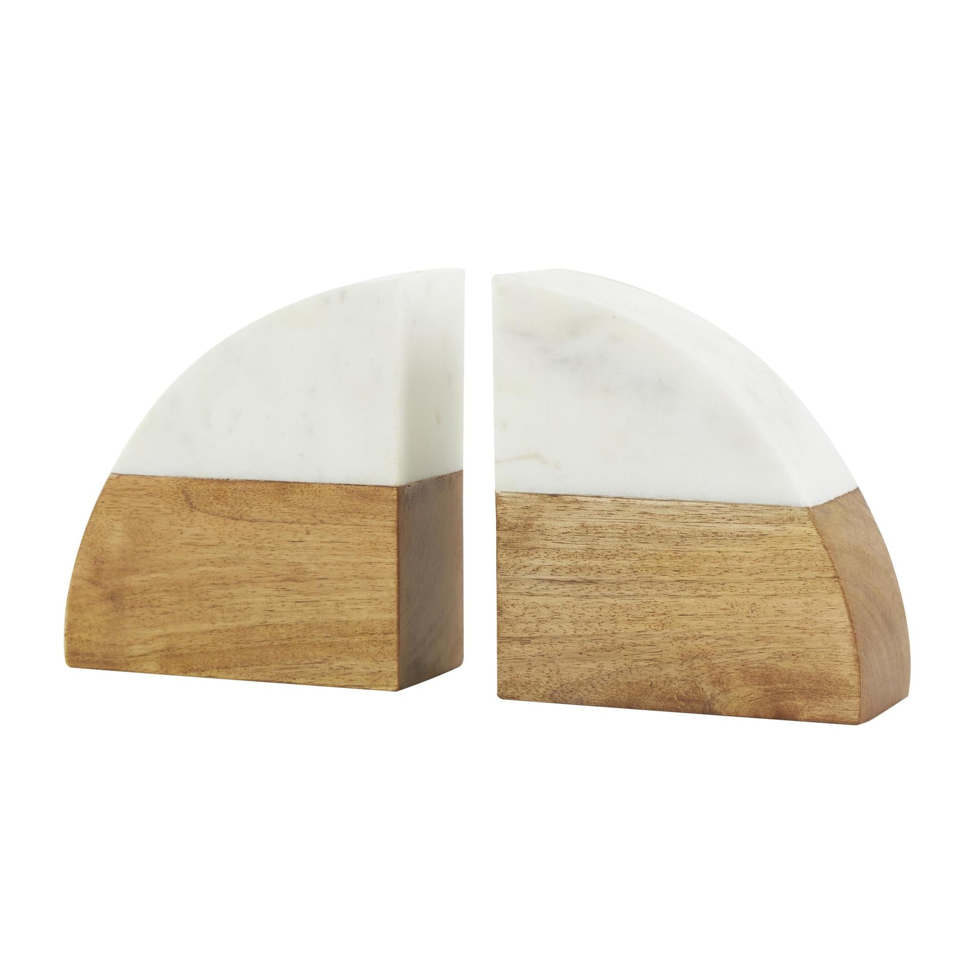 Set of 2 Geometric Brown Mango Wood Arched 5 lbs Decorative Bookends with White Marble Tops