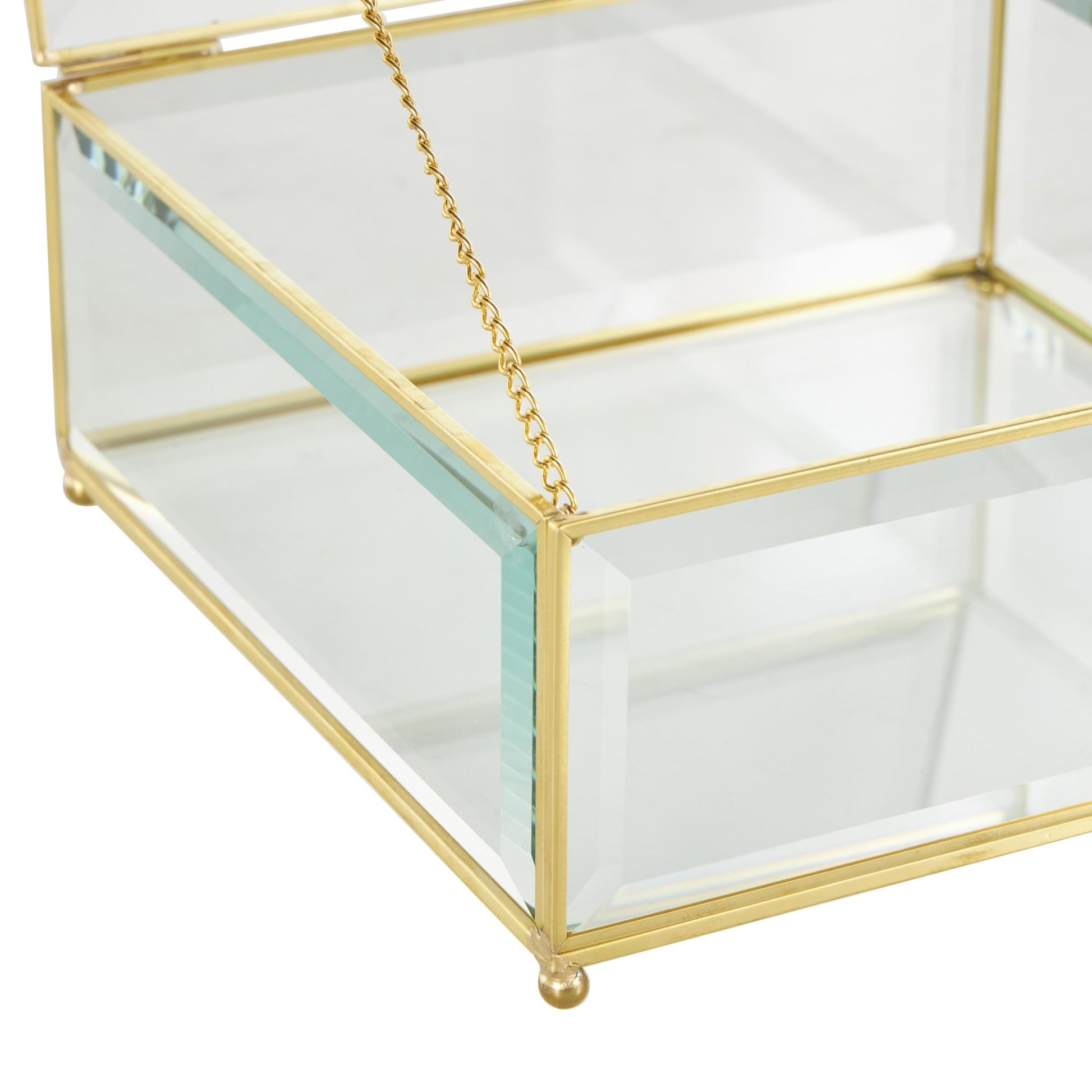 Set of 2 Clear Glass Beveled Decorative Jewelry Box with Gold Metal Frame and Chain Accent