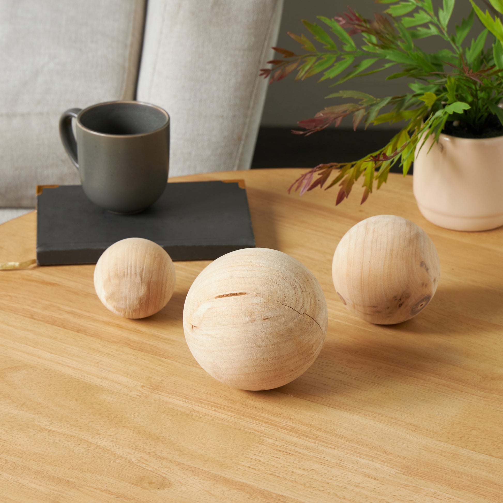 Set of 3 Light Brown Wood Handmade Decorative Orbs & Vase Filler with Varying Sizes