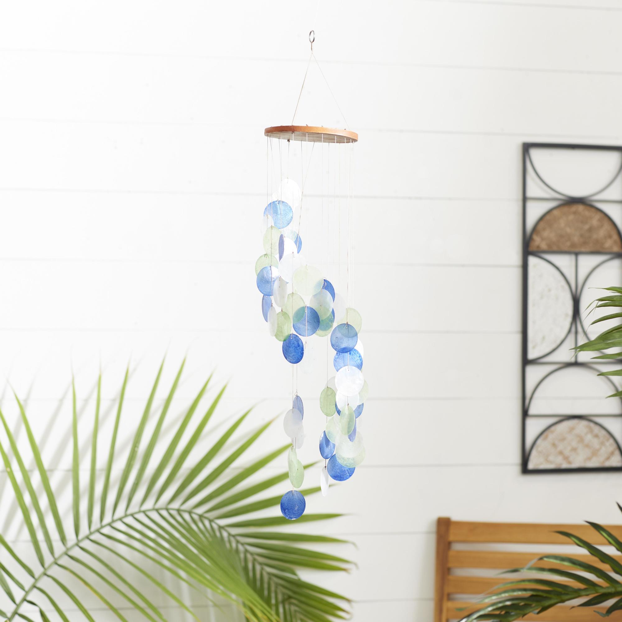 Geometric Blue Capiz Shell Spiral Waterfall Indoor Outdoor Windchime