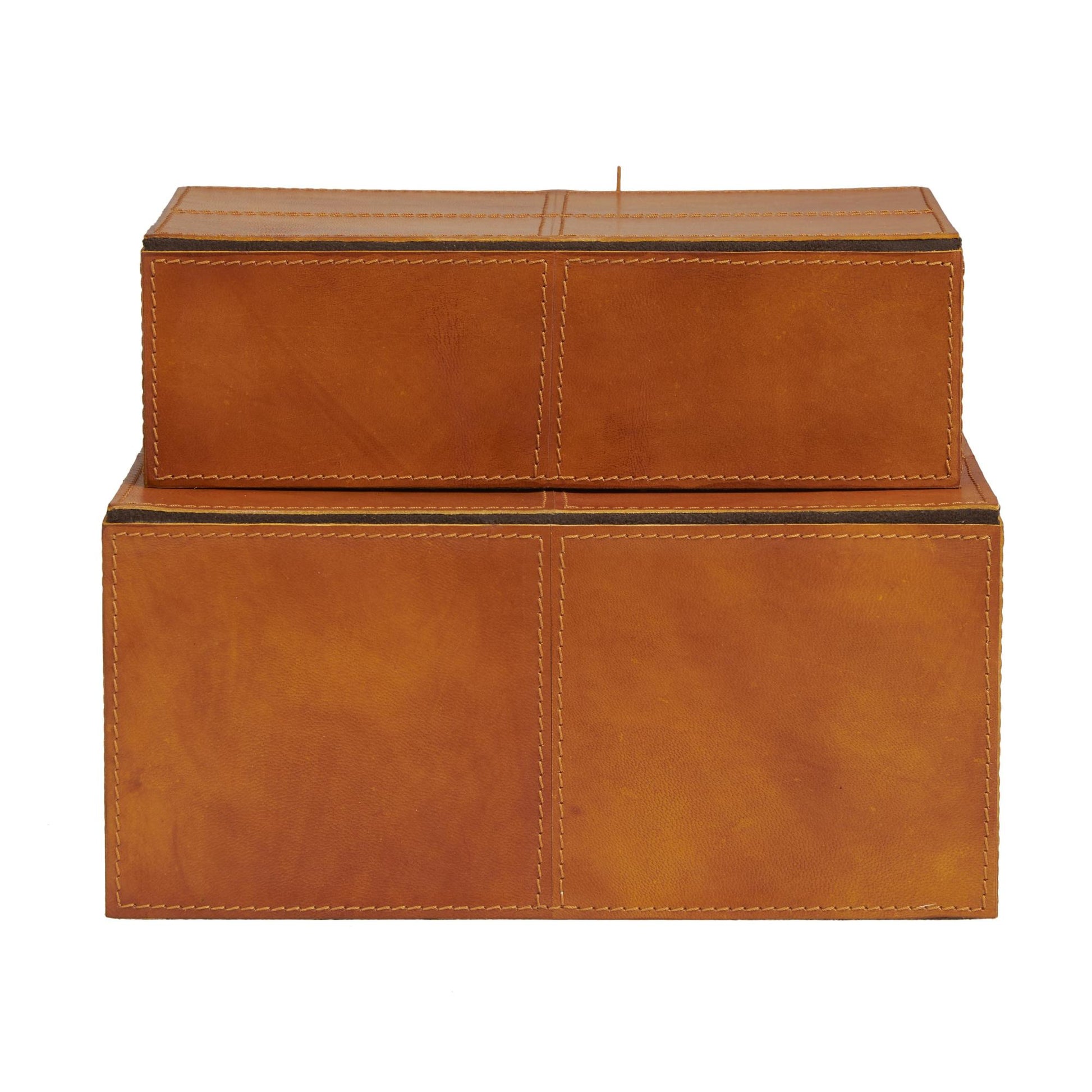 Set of 2 Leather Handmade Cowhide Storage Decorative Box with Leather Loop Closure and Stitching Detail