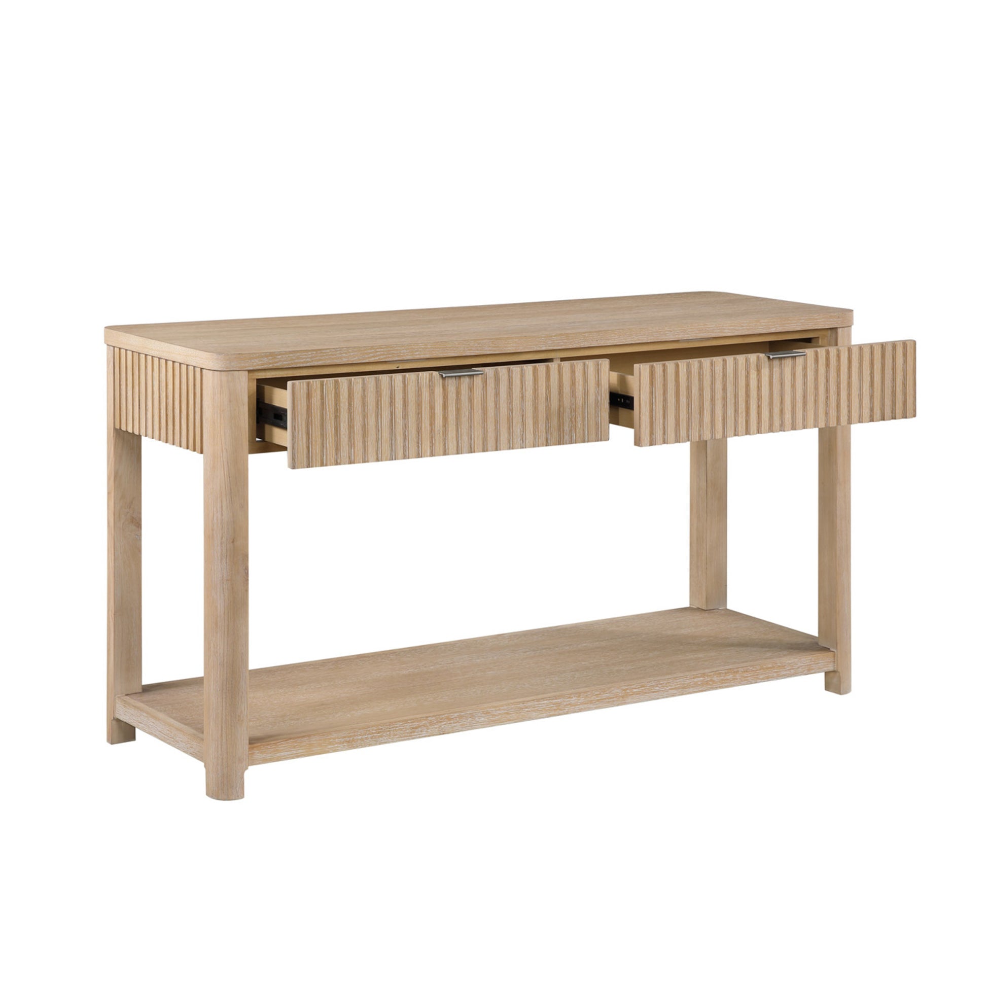 Light Brown Wooden Slatted 2 Drawer Living Room Console Table with Natural Wood Grains and Silver Handles