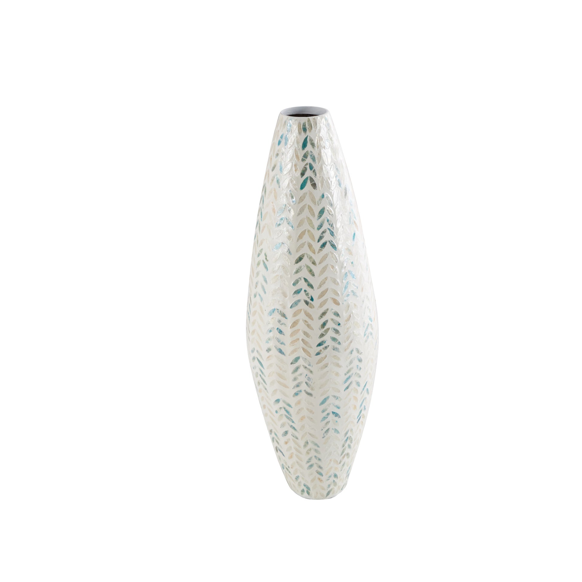 Leaf Cream Mother of Pearl Shell Handmade Tall Mosaic Decorative Vase with Blue Accents