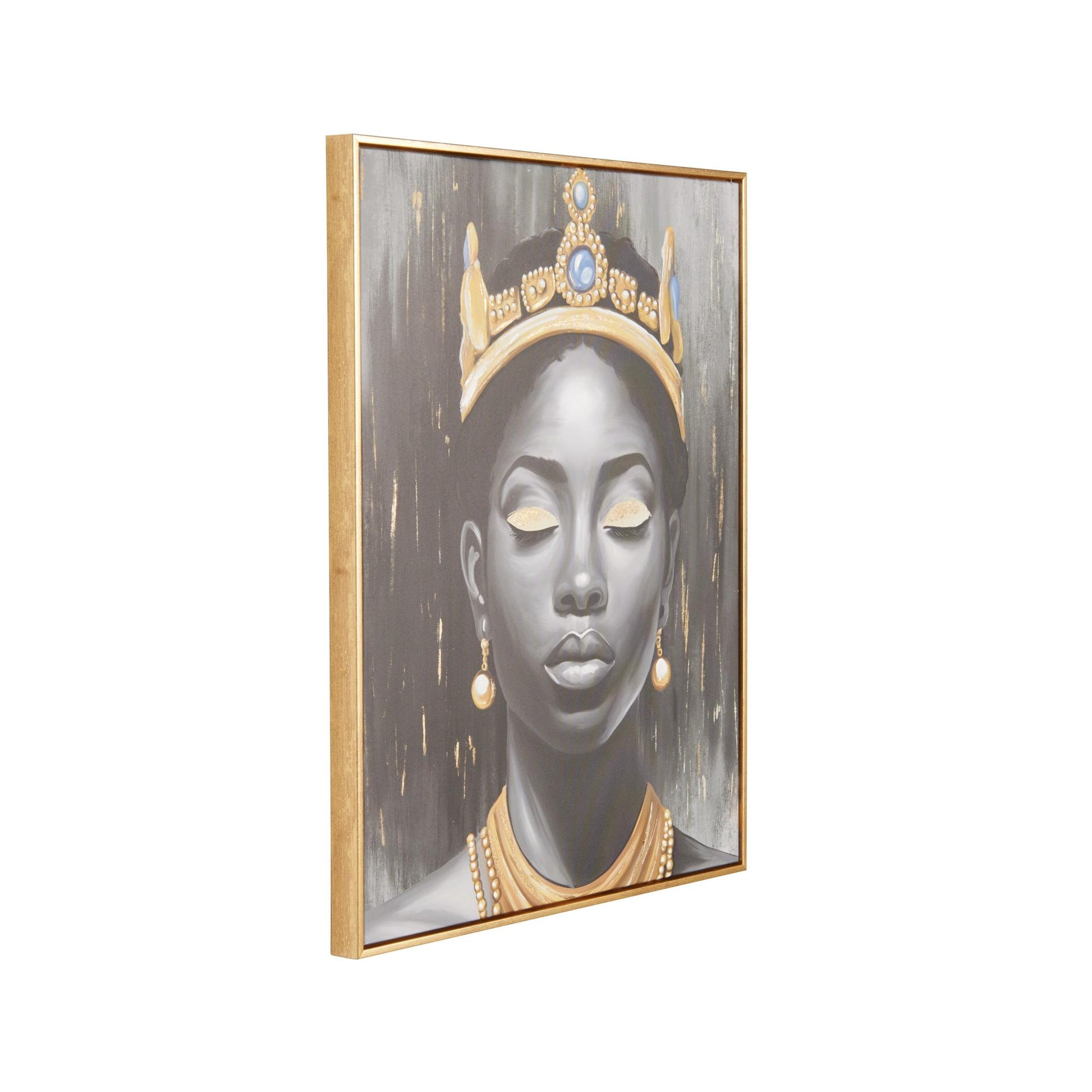 Woman Black Canvas Shaded Living Room Framed Wall Art with Blue Crown and Gold Foil Accents