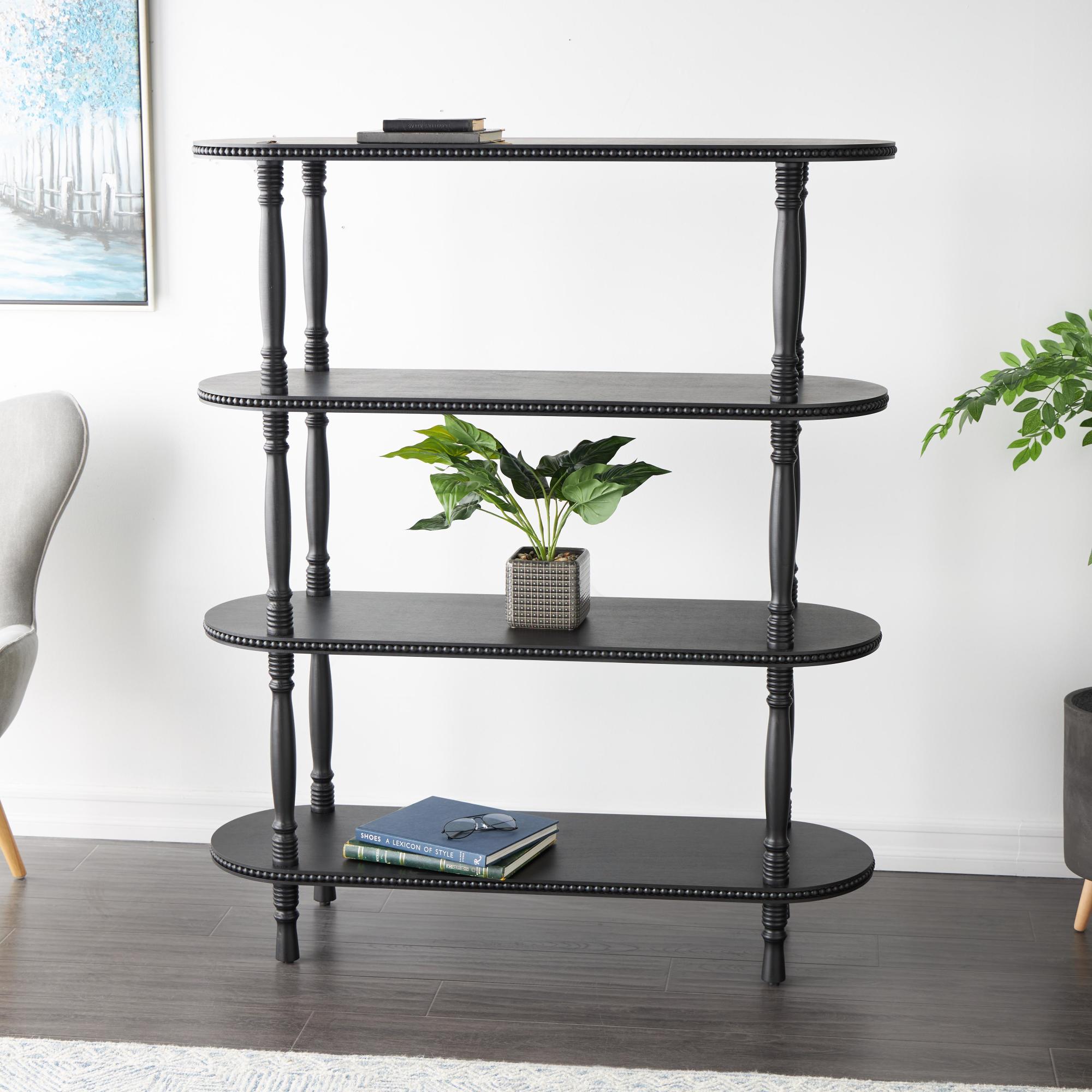 Black Wooden Oval 3 Shelf Storage Shelving Unit with Turned Legs and Beaded Edges