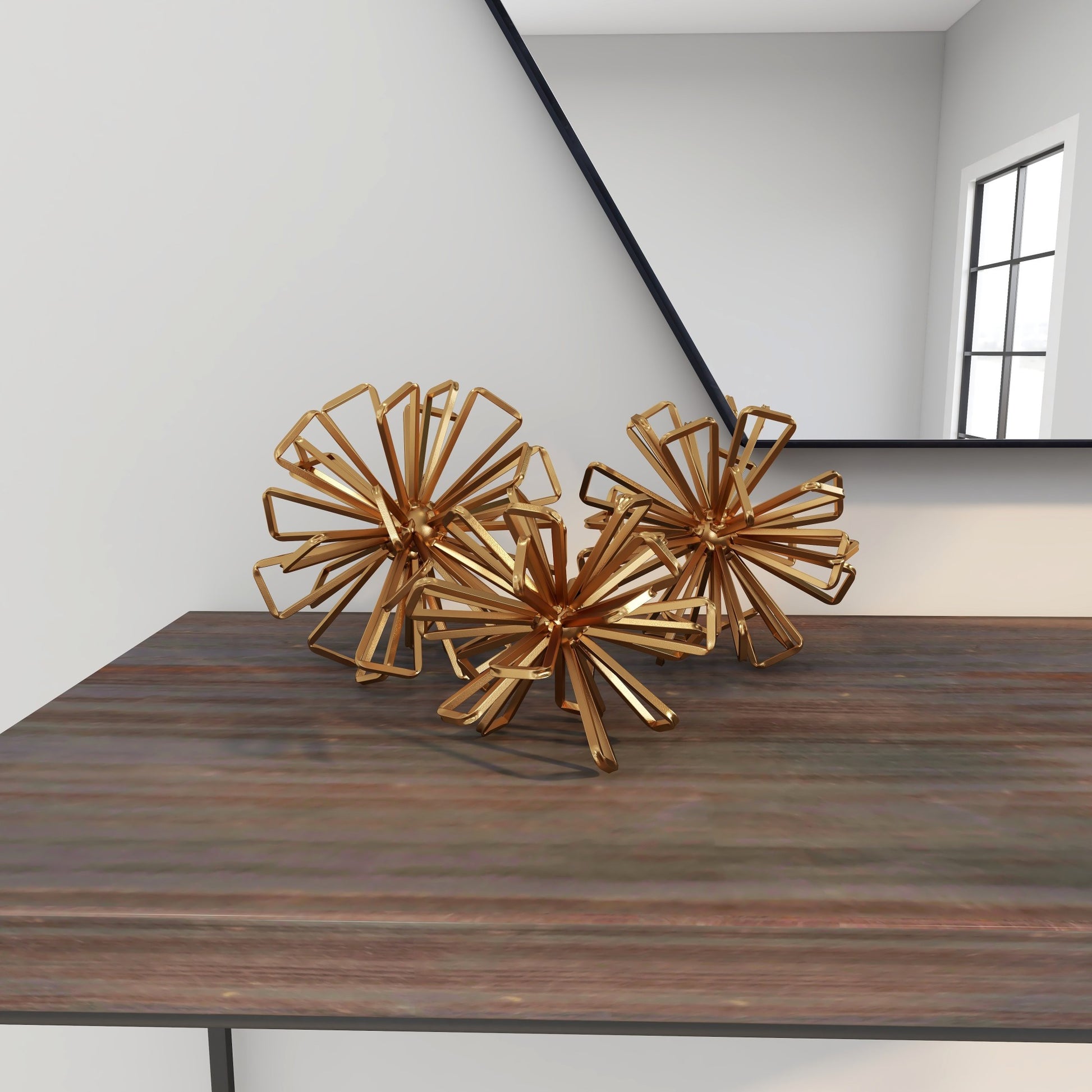 Set of 3 Geometric Gold Metal Wire Rod Orb Decorative Sculpture