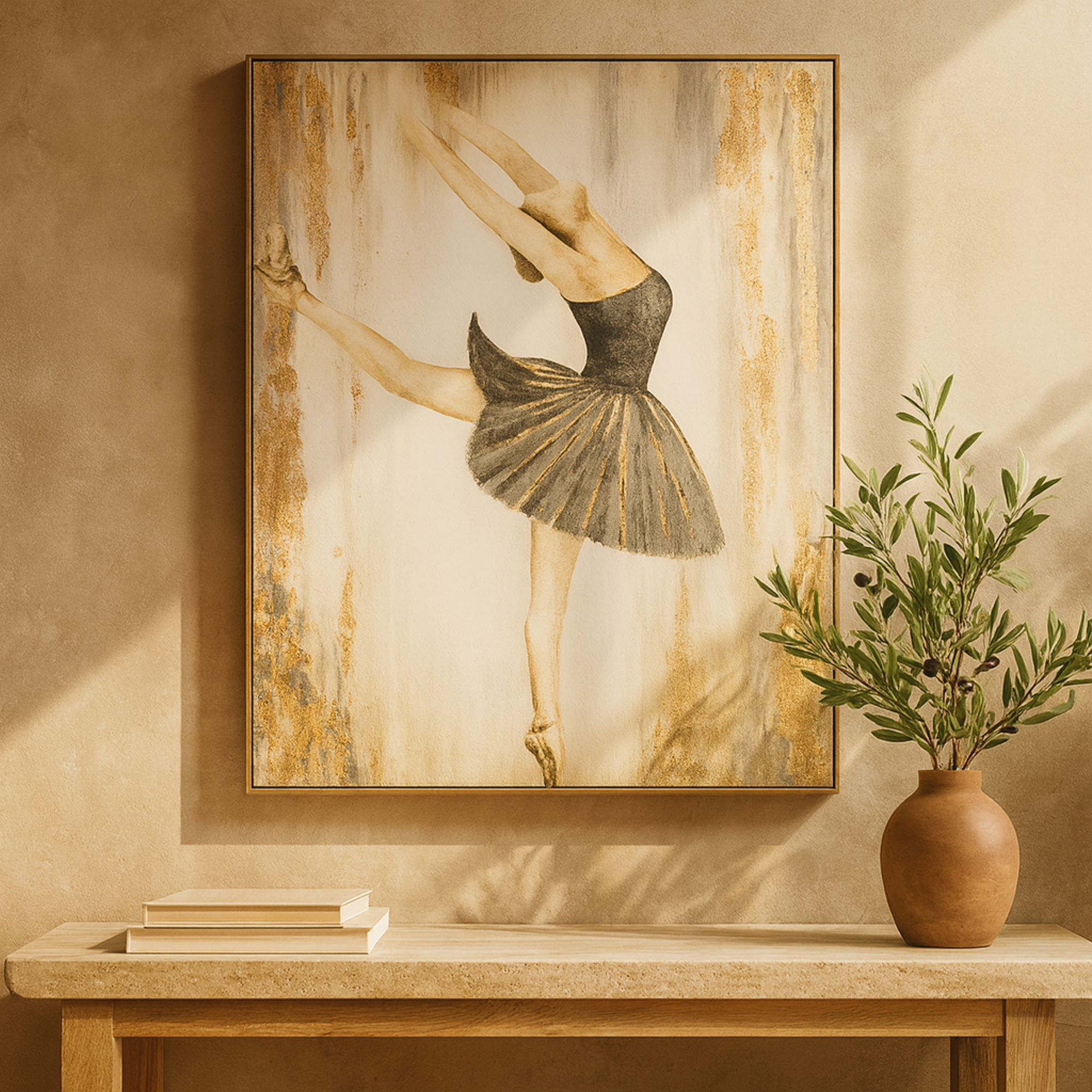 Dancer Gold Canvas Ballet Living Room Framed Wall Art with Black and Gold Foil Accents