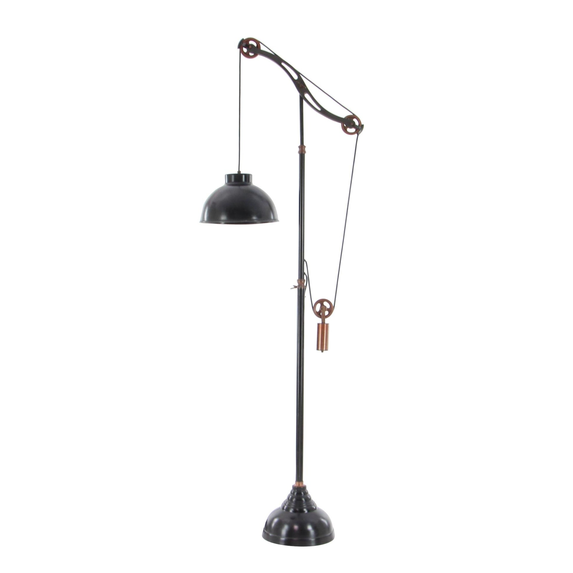 Black Aluminum Metal Pulley Room Floor Lamp with Copper Accents