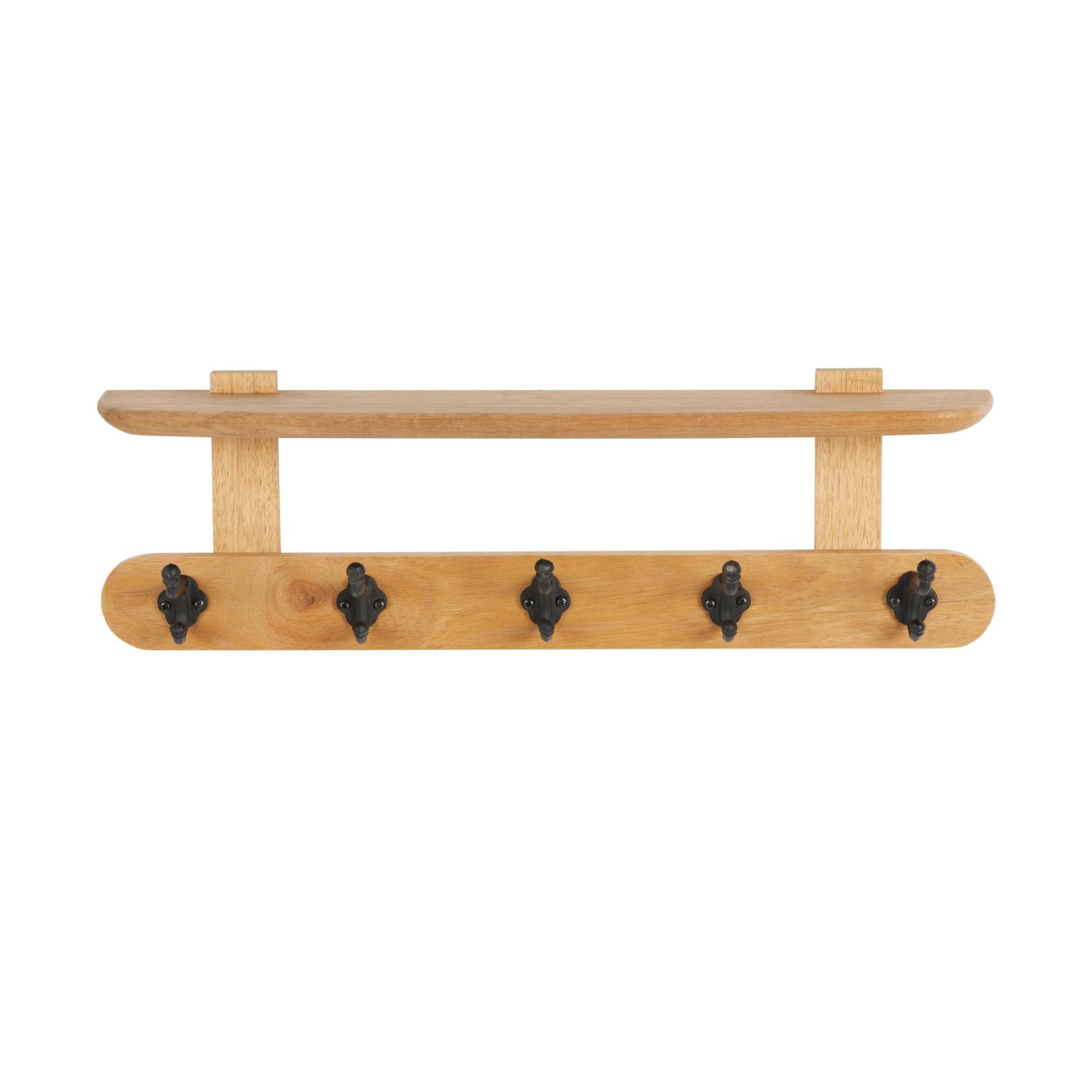 Brown Mango Wood Handmade Single Shelf Home Wall Hook with 5 Hooks