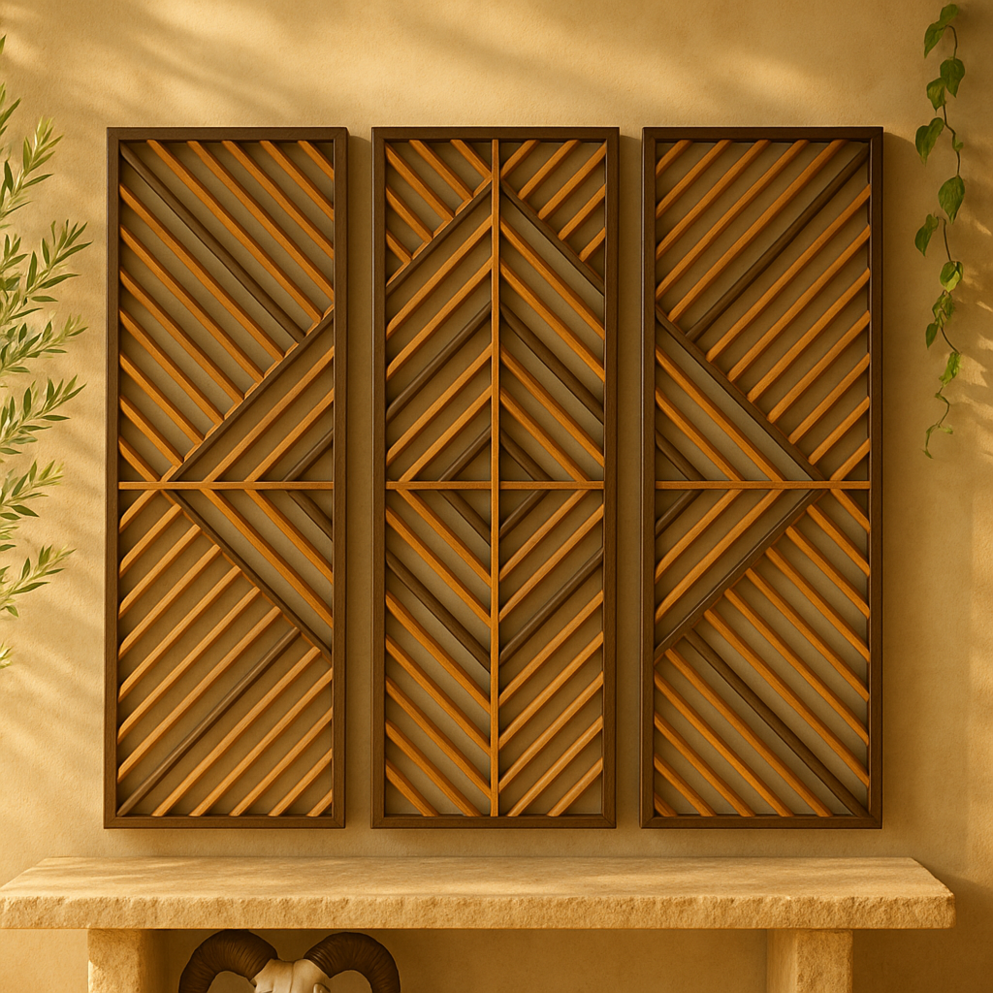 Set of 3 Geometric Brown Wood Slatted Wood Design Home Wall Decor
