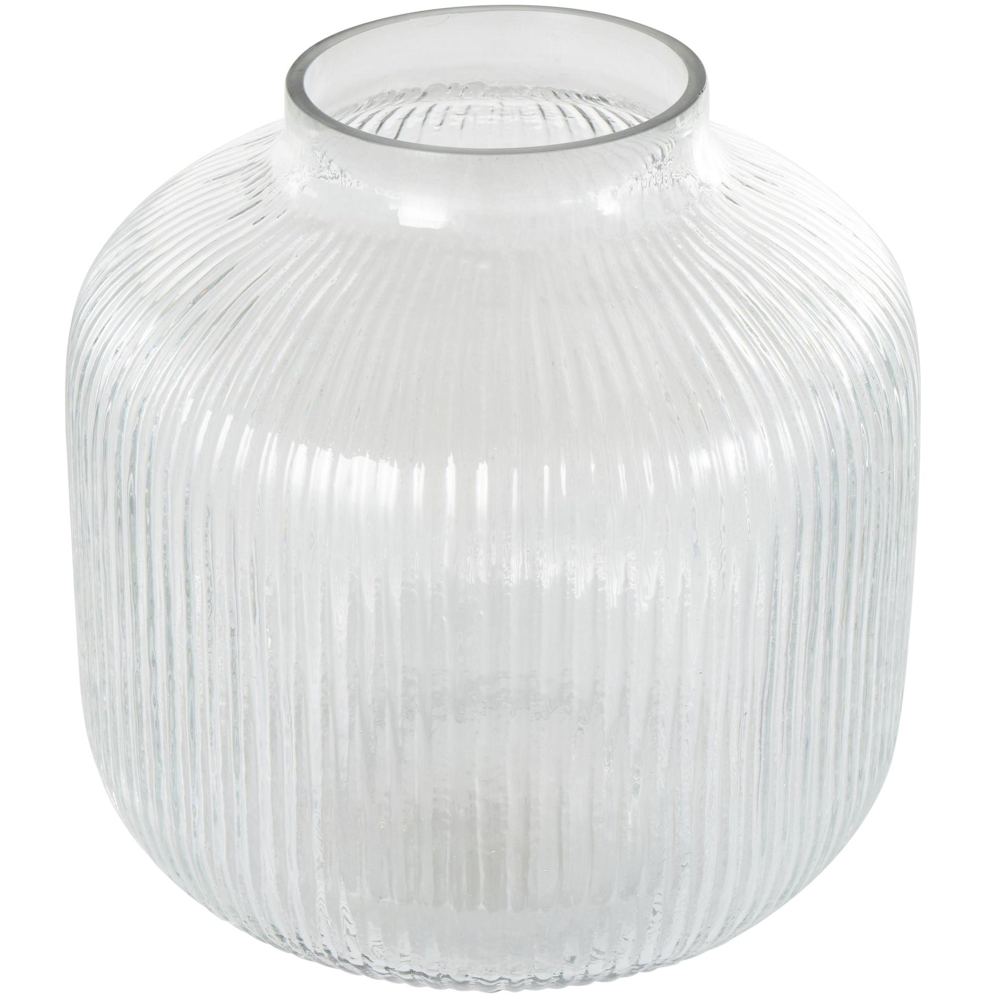 Clear Glass Short Round Ribbed Decorative Vase